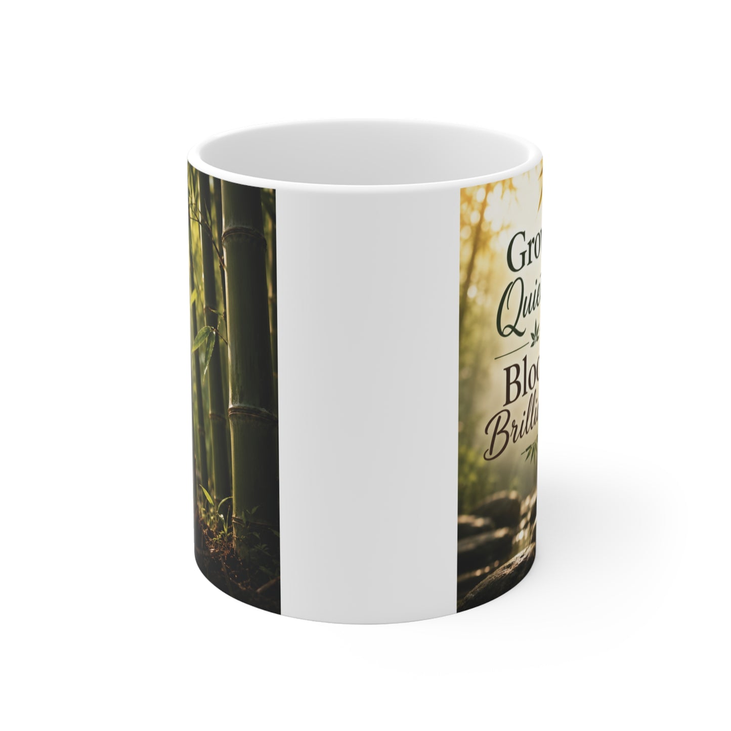 Motivational bamboo mug with Grow Quietly, Bloom Brilliantly quote printed on a white ceramic coffee cup surrounded by serene bamboo artwork.