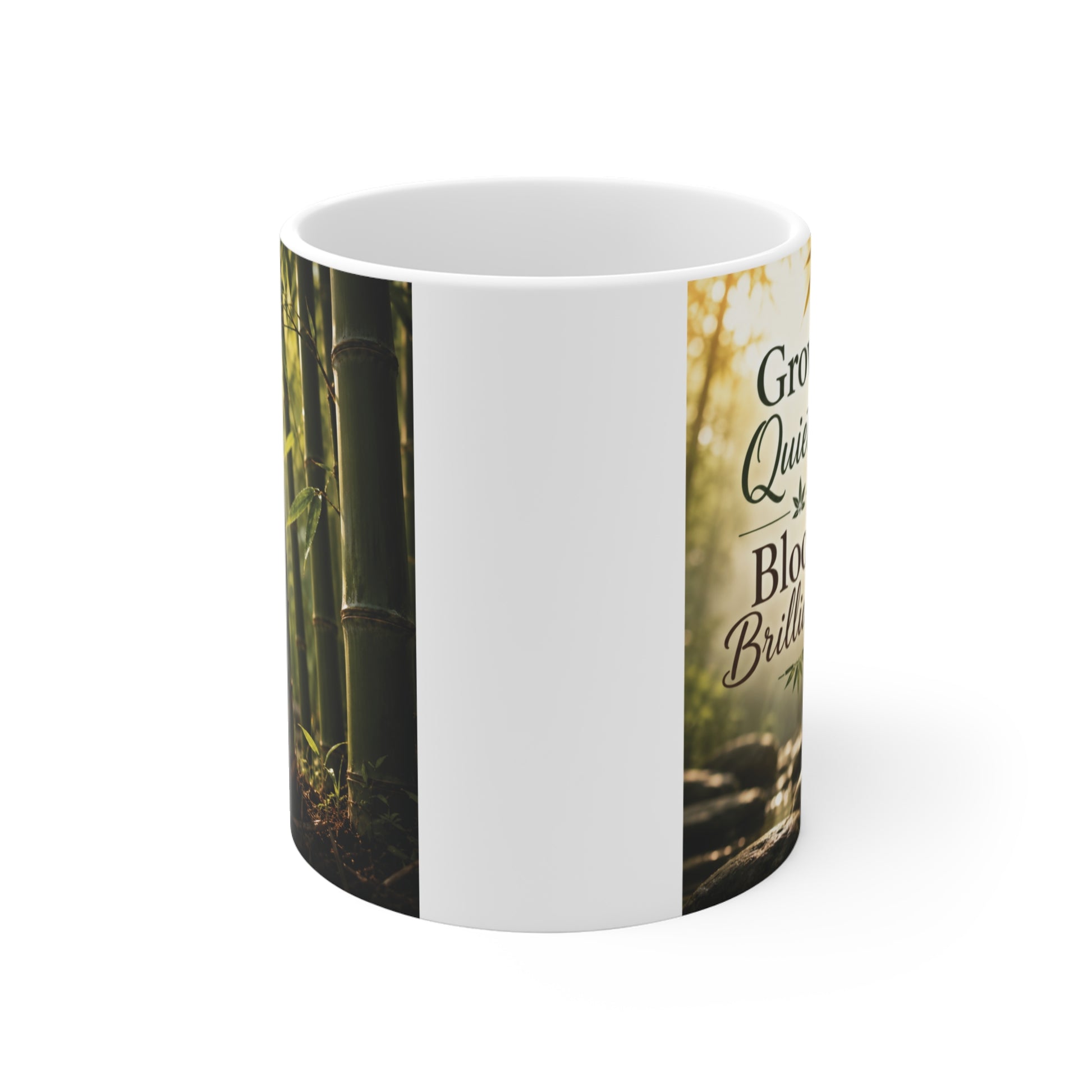 Motivational bamboo mug with Grow Quietly, Bloom Brilliantly quote printed on a white ceramic coffee cup surrounded by serene bamboo artwork.
