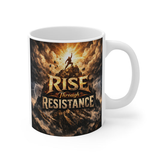 Rise Through Resistance motivational 11oz ceramic coffee mug with dramatic warrior artwork