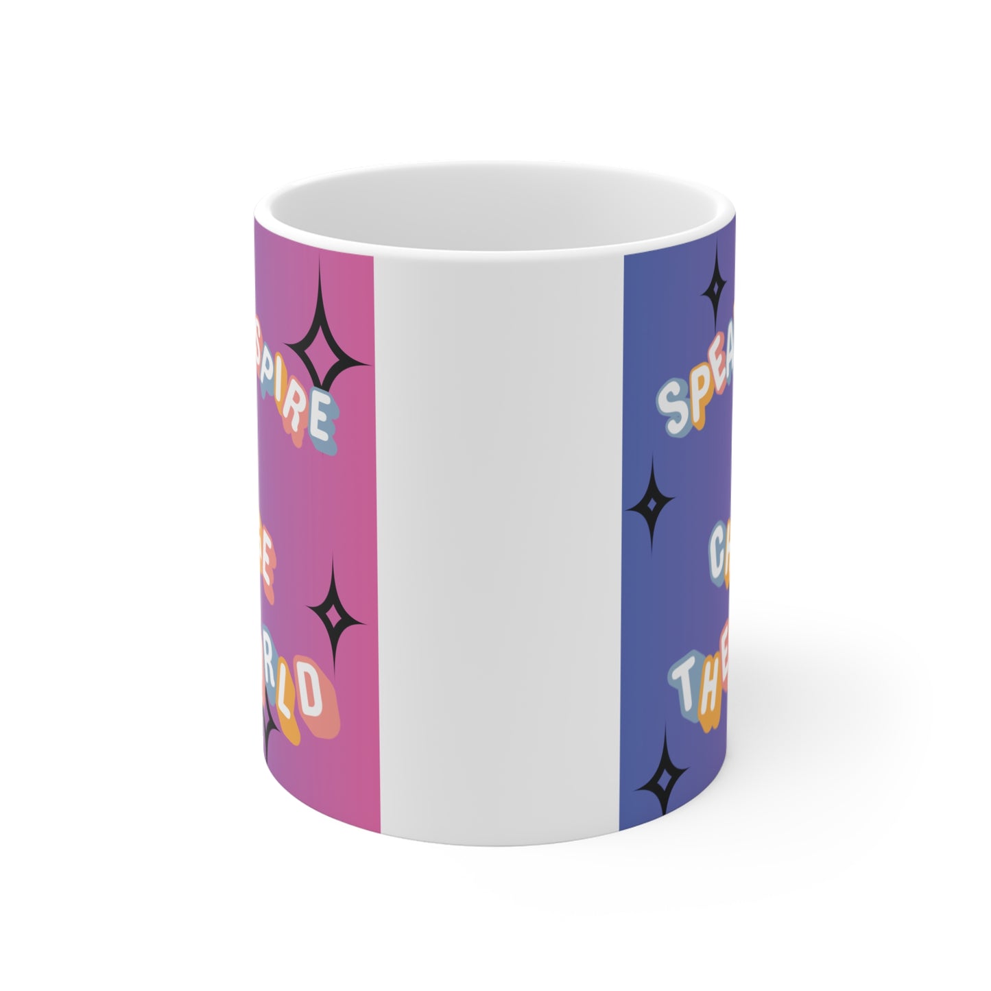 Motivational coffee mug featuring positive message ‘Speak Inspire and Change the World’ with vibrant pastel design