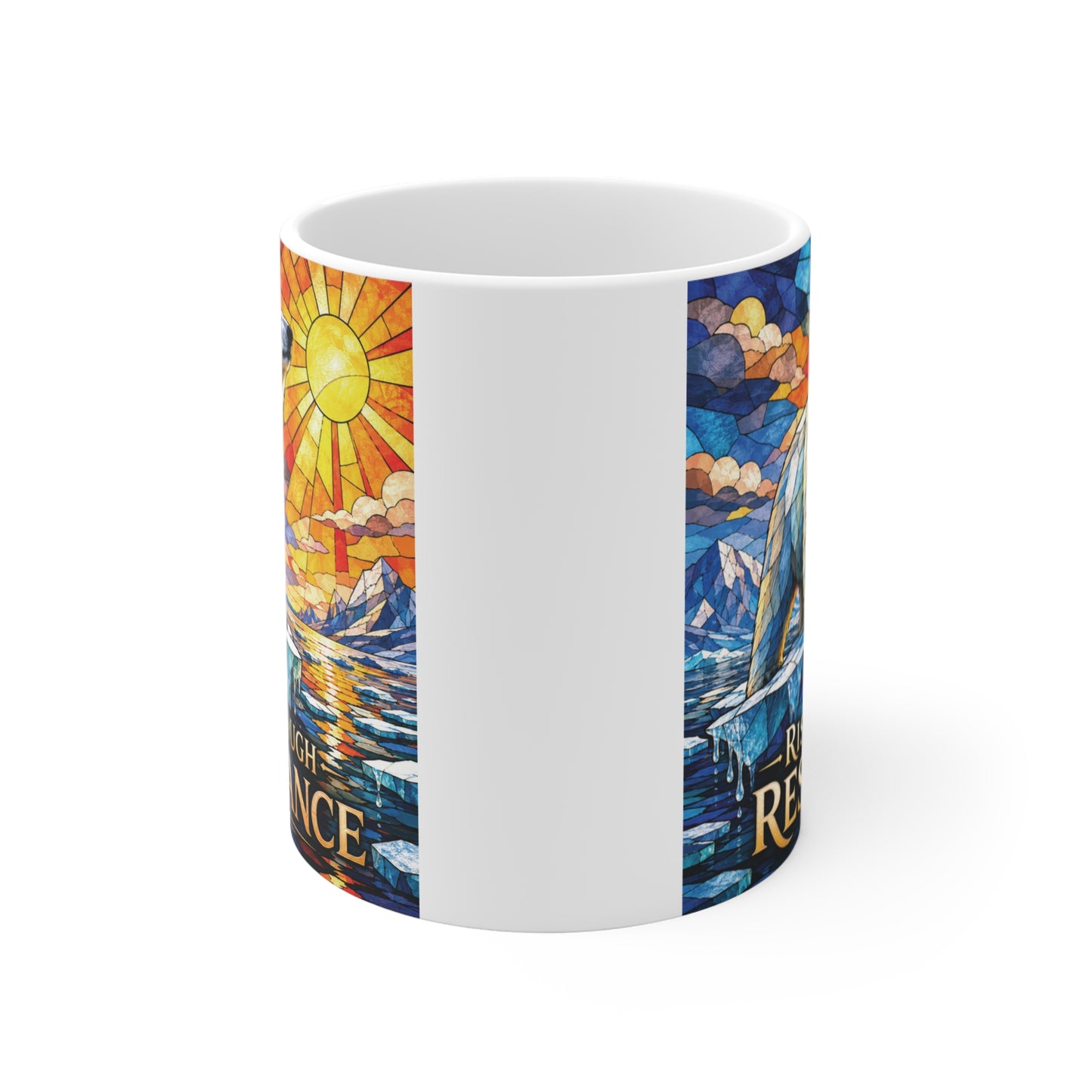 Colorful polar bear motivational 11oz coffee mug with stained glass artwork.
