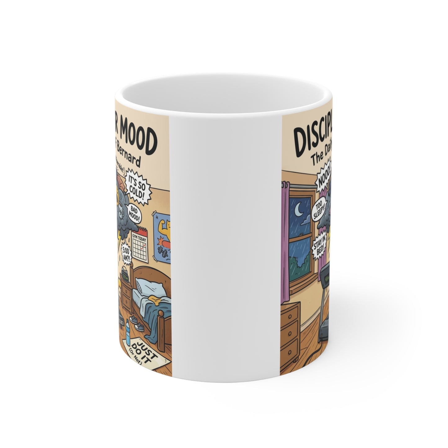 Motivational cat coffee mug with Discipline Over Mood quote, colorful gym illustration, and funny productivity design for fitness lovers.