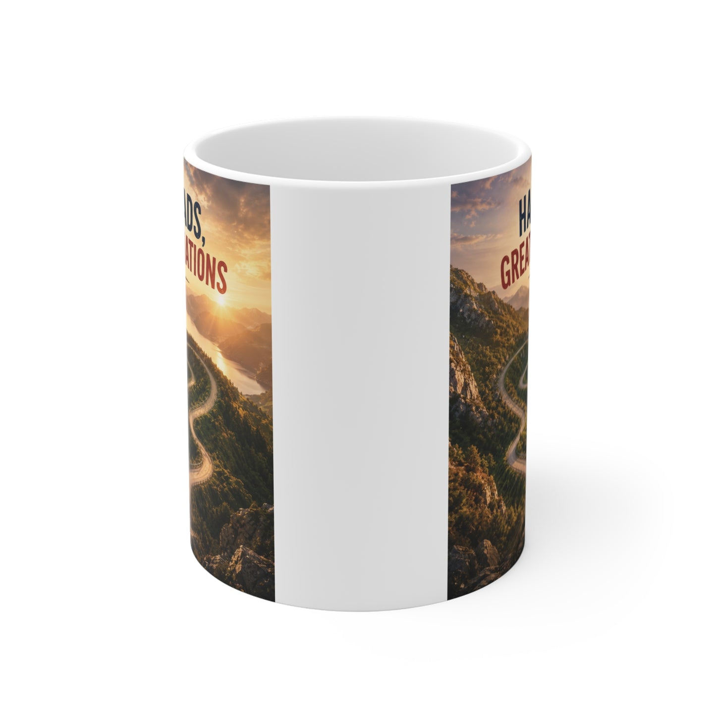 Ceramic coffee mug displaying a scenic winding road through mountains with the motivational quote "Hard Roads Great Destinations" for dreamers, travelers, and goal achievers.