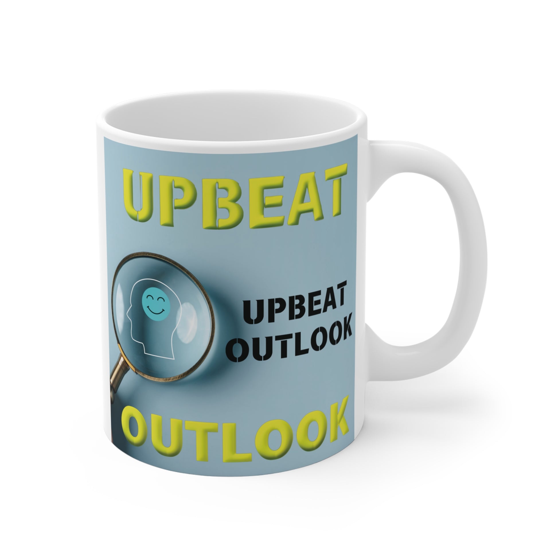 Positive mindset coffee mug featuring upbeat outlook quote and happy face illustration, self-care gift