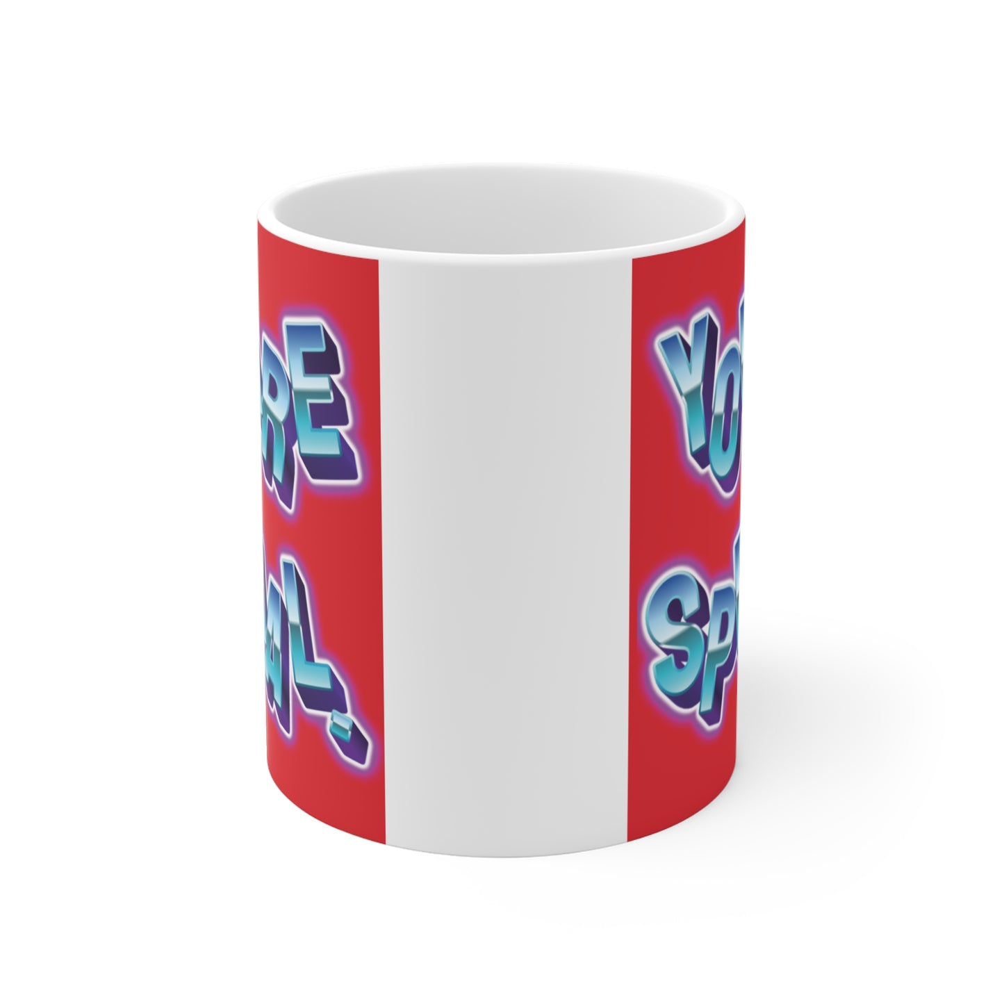 You Are Special motivational coffee mug with bold blue gradient lettering on red background, uplifting gift idea