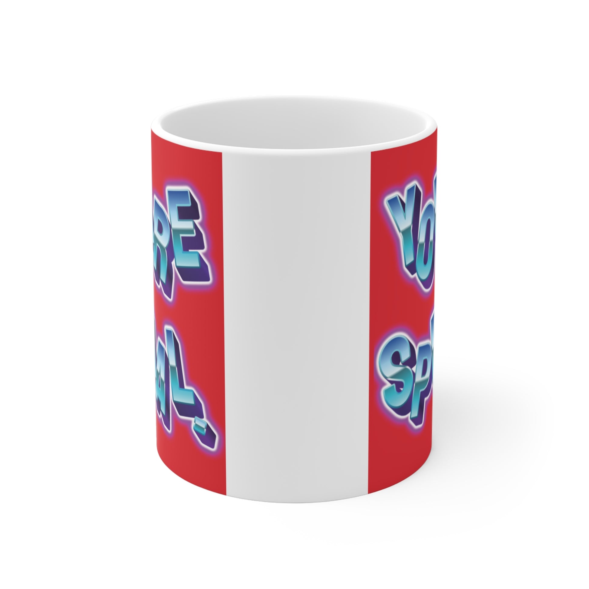 You Are Special motivational coffee mug with bold blue gradient lettering on red background, uplifting gift idea