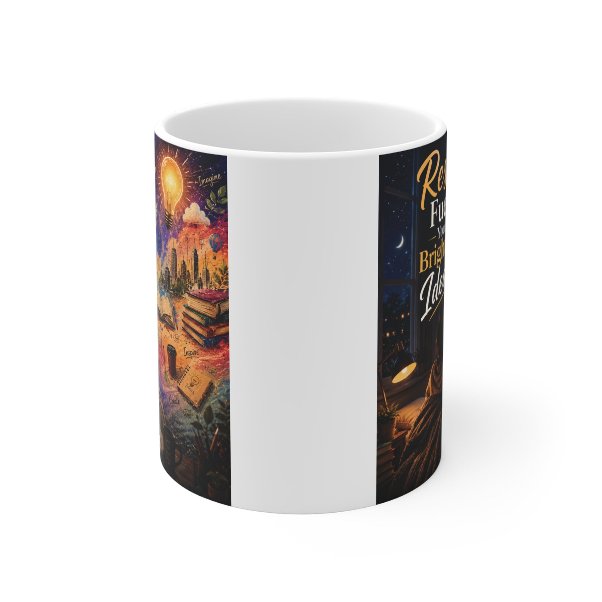 Motivational coffee mug with Rest Fuels Your Brightest Ideas quote, artistic illustration, and vibrant fantasy-inspired scenery for creatives and dreamers.