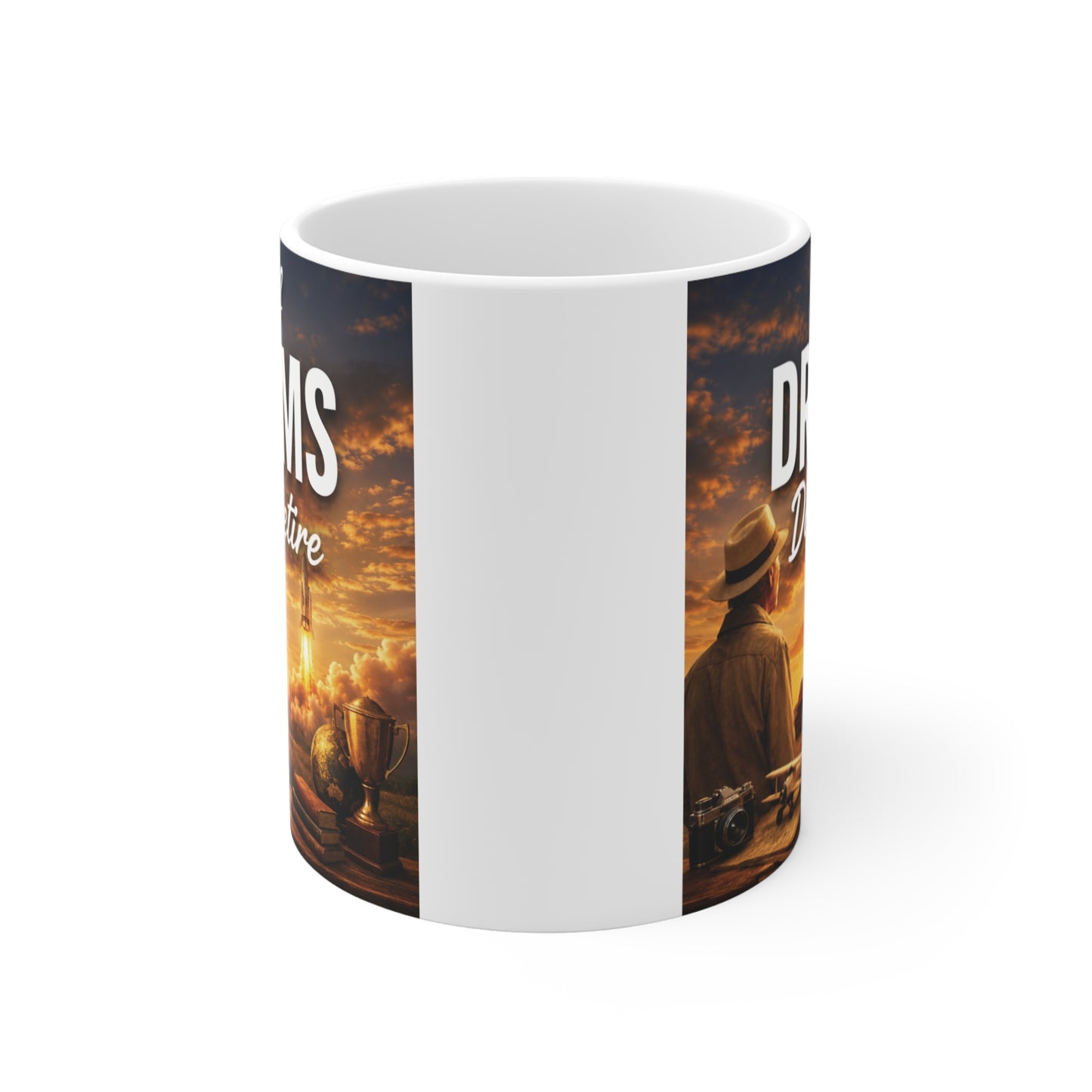 Motivational retirement coffee mug with vintage artwork of a dreamer watching a rocket launch, featuring the inspirational quote "Proof Dreams Don't Retire."