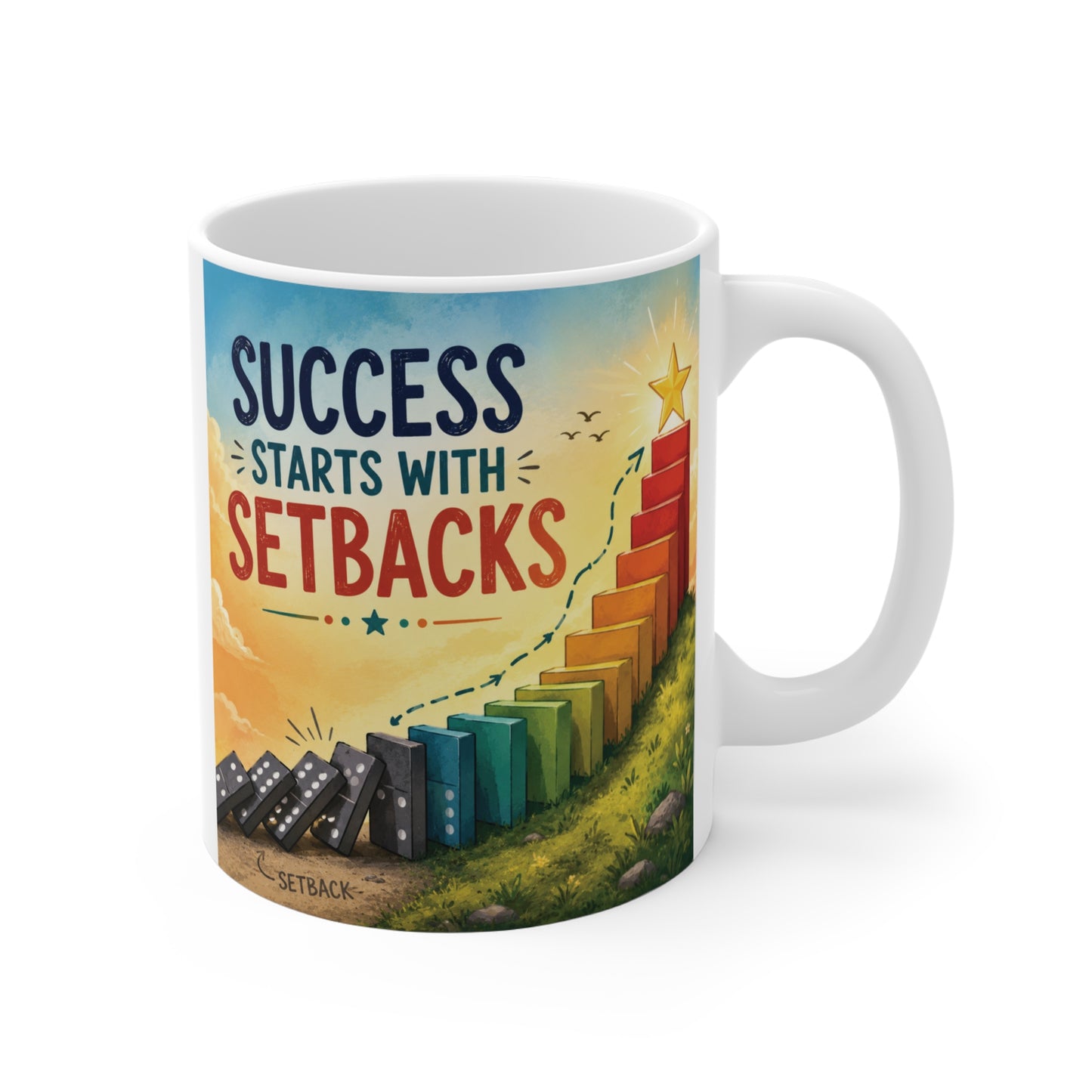 Inspirational 11oz ceramic mug featuring the quote "Success Starts With Setbacks" with colorful dominoes transforming into stairs leading to a glowing star.