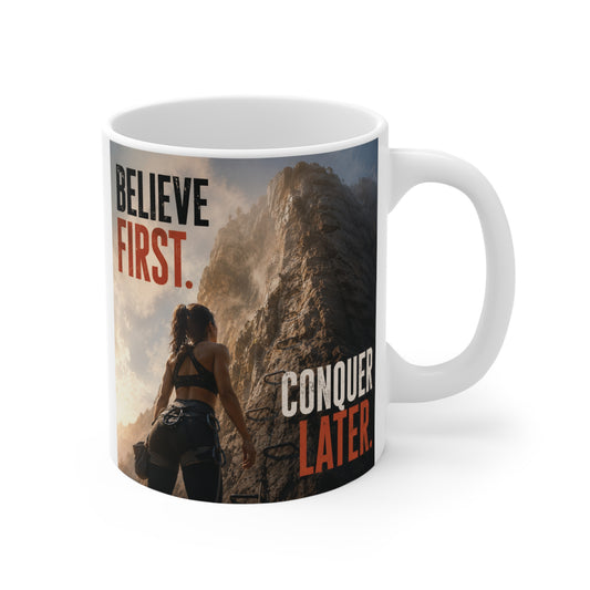 11oz motivational coffee mug featuring a mountain climber and the inspirational quote "Believe First Conquer Later" against a dramatic mountain landscape.