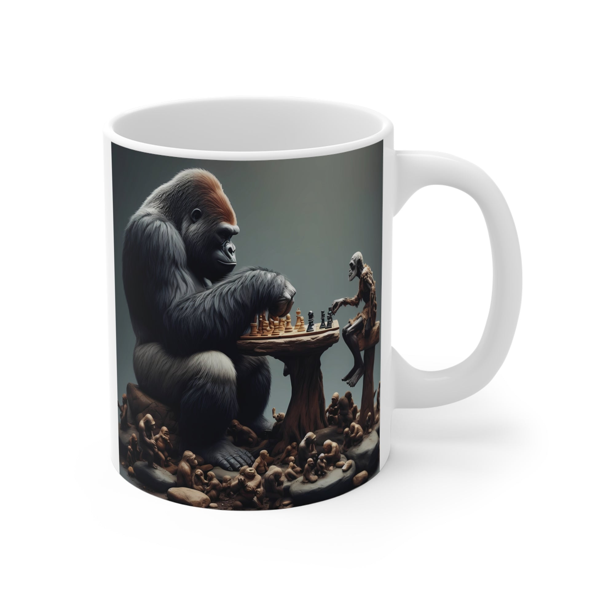 Gorilla playing chess with skeleton opponent artistic fantasy coffee mug design