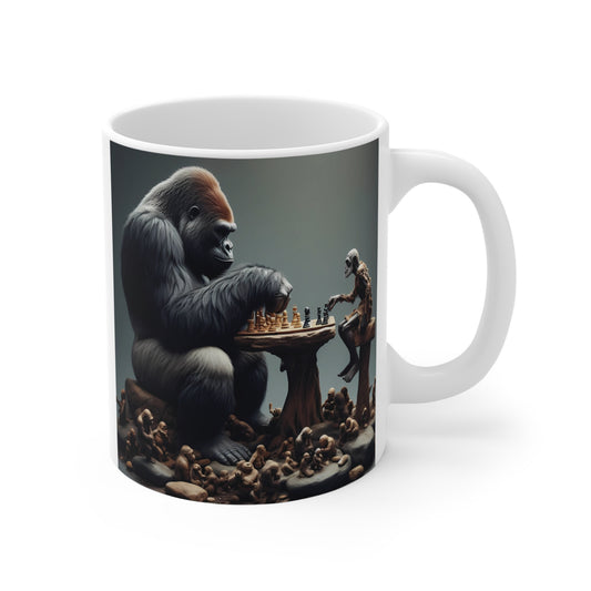 Gorilla playing chess with skeleton opponent artistic fantasy coffee mug design