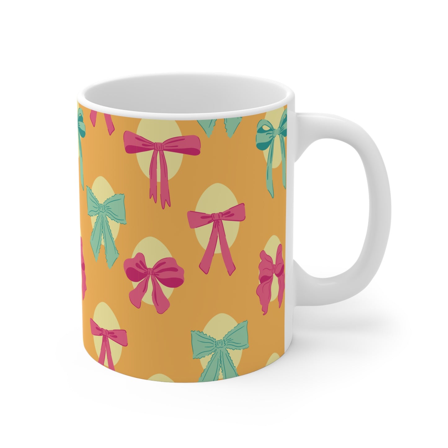 Aesthetic bow print mug with pink and blue ribbons pattern, stylish cute coffee cup for her birthday or everyday use