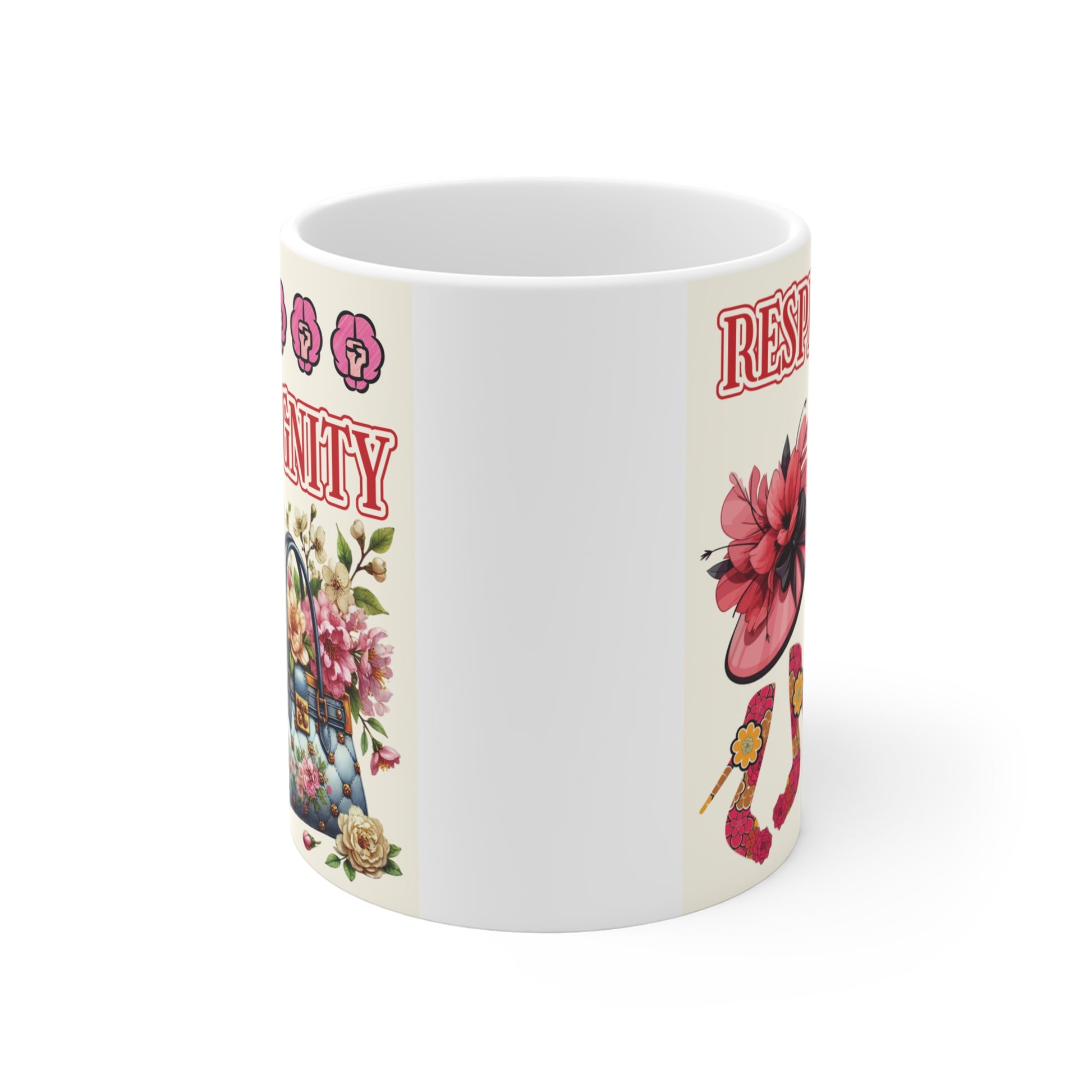 Empowering women’s mug featuring ‘Respect Dignity’ text, floral fashion illustrations, and elegant feminine artwork