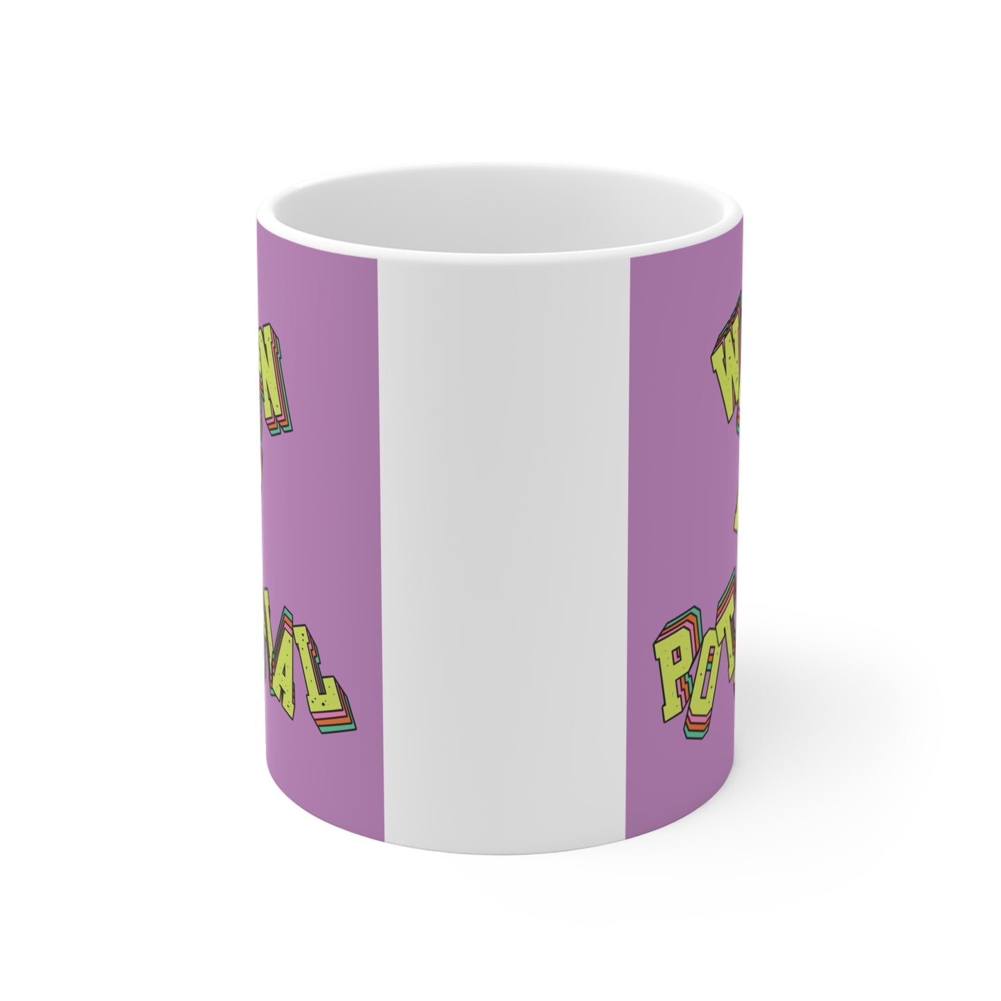 Inspirational women empowerment coffee mug featuring “Women Has Potential” quote in colorful vintage style lettering