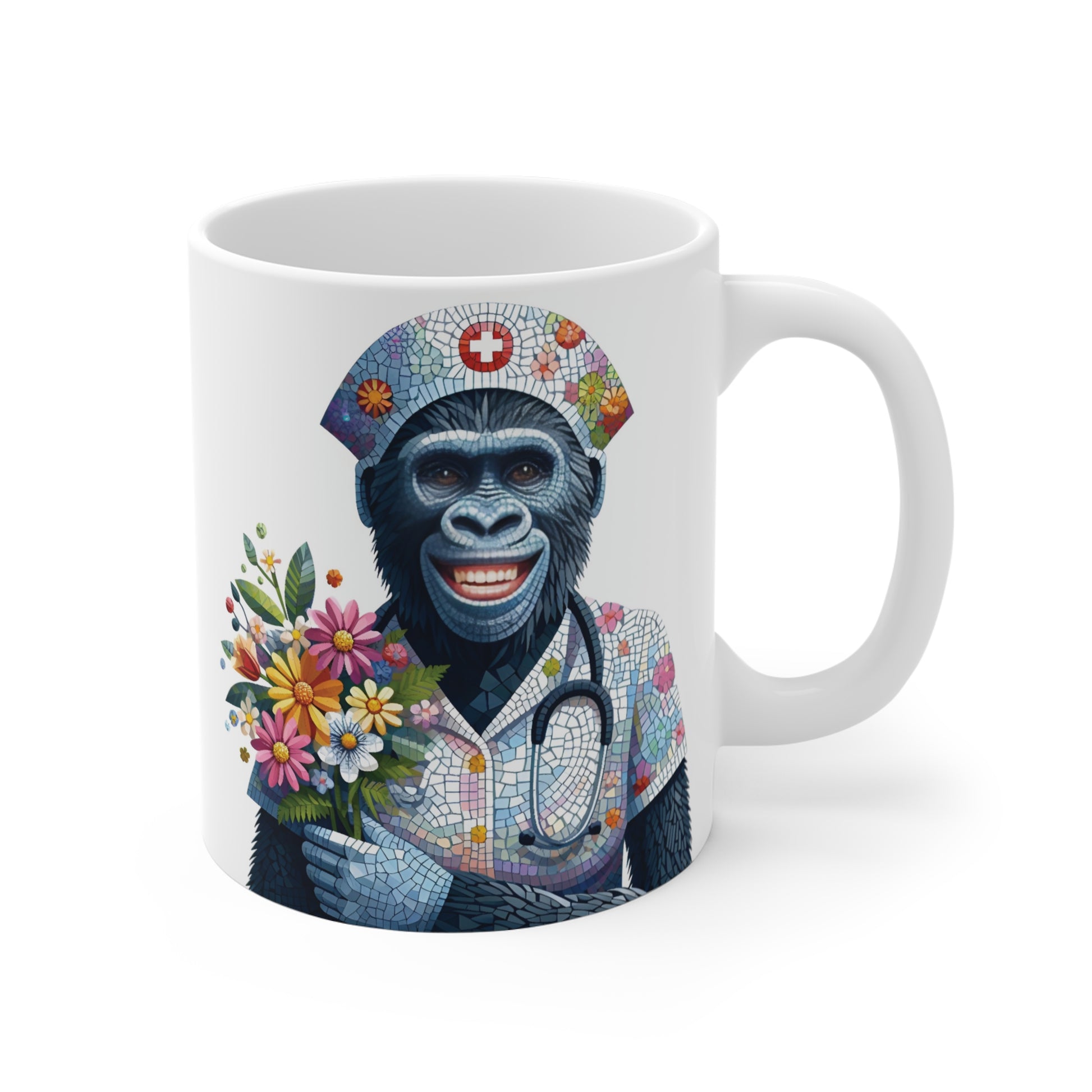 Mug Nurse with Smiling Gorilla in Mosaic Style