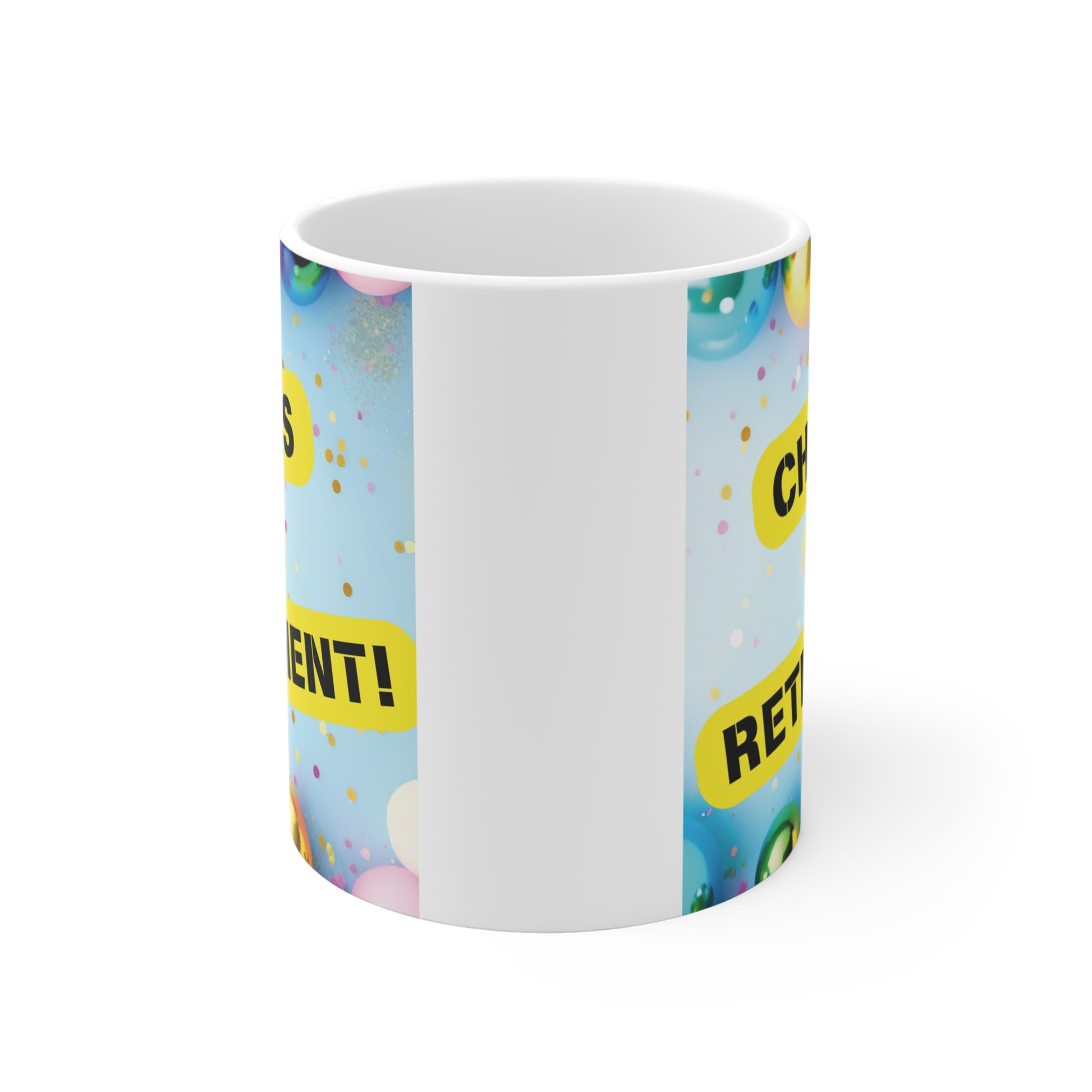 Colorful retirement gift mug with bold typography, balloons, and confetti, perfect for coworkers or friends