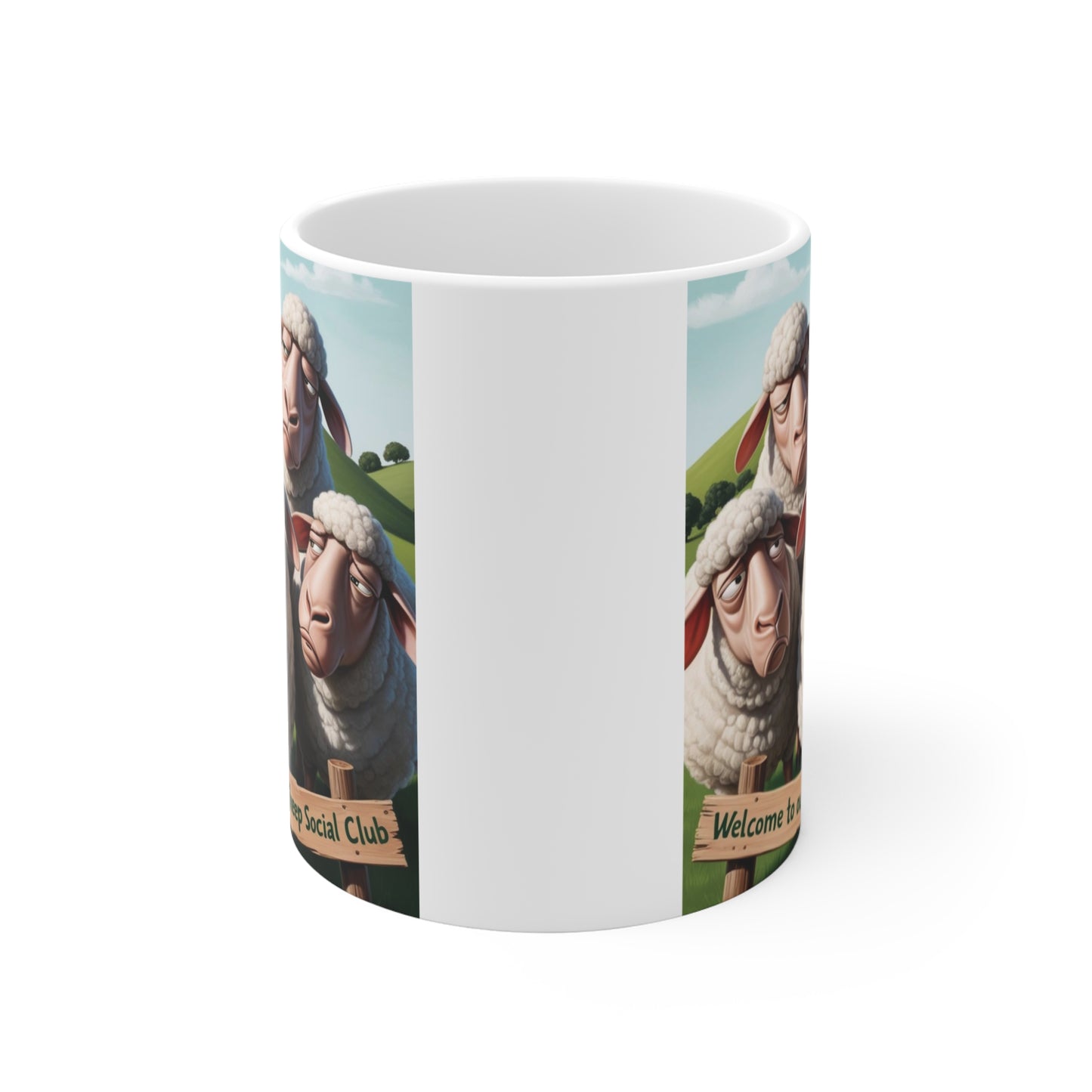 Humorous sheep coffee mug featuring five grumpy sheep illustration in farm landscape with funny slogan