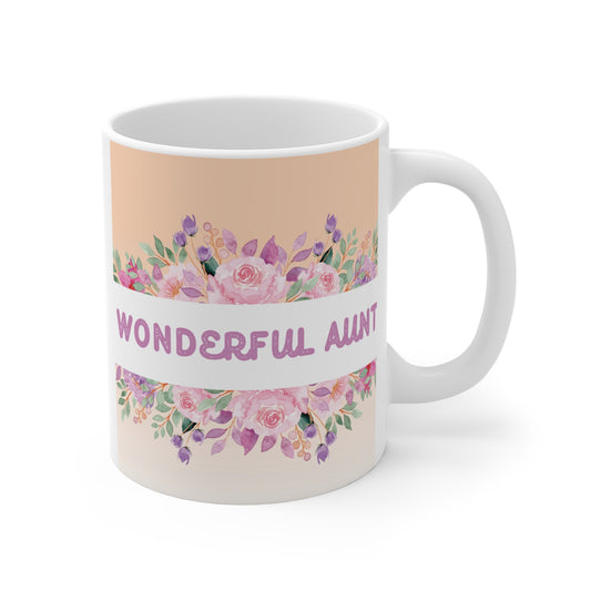 Wonderful Aunt floral coffee mug with pastel watercolor flowers and pink typography on 11oz ceramic cup