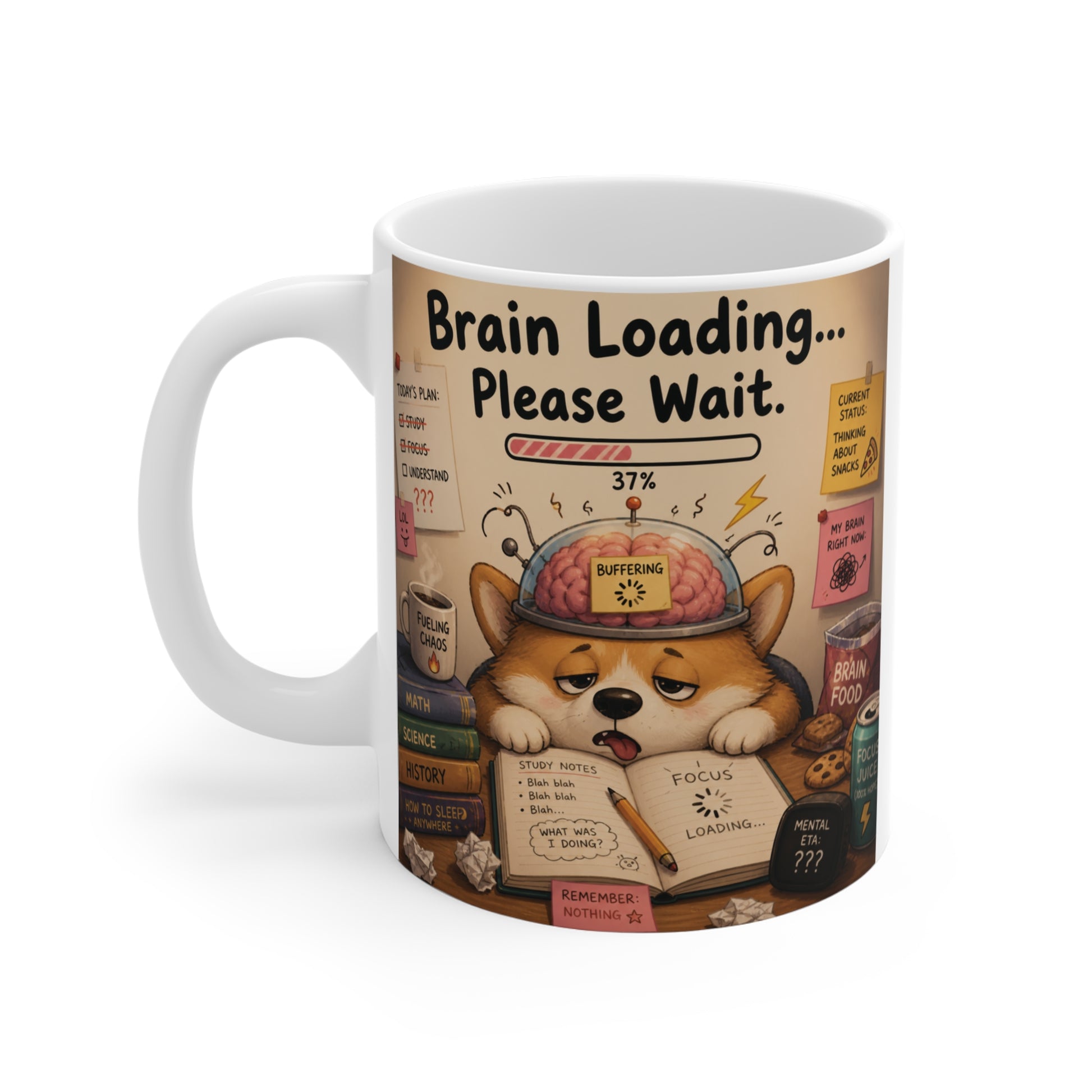 White 11oz coffee cup with high-quality 'Brain Loading Please Wait' illustration for dog lovers.