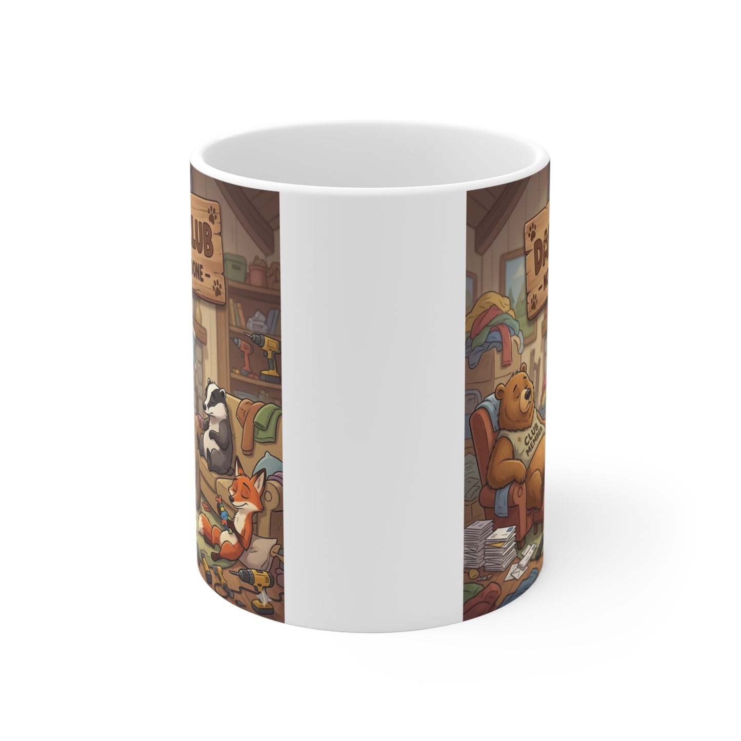 11oz ceramic coffee mug featuring humorous dad life design with animals lounging and playful “Daddy’s Club” quote