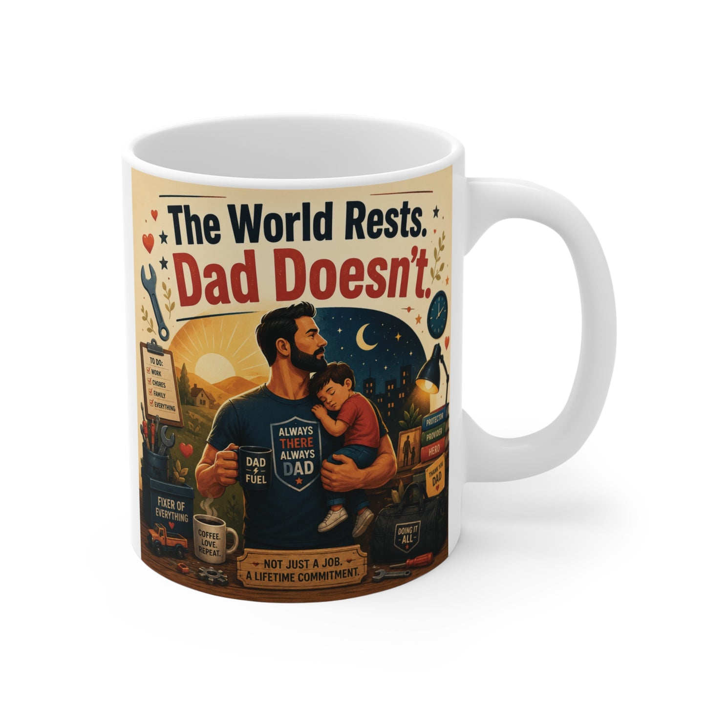Funny 11oz dad coffee mug with “The World Rests, Dad Doesn’t” quote and vintage father illustration