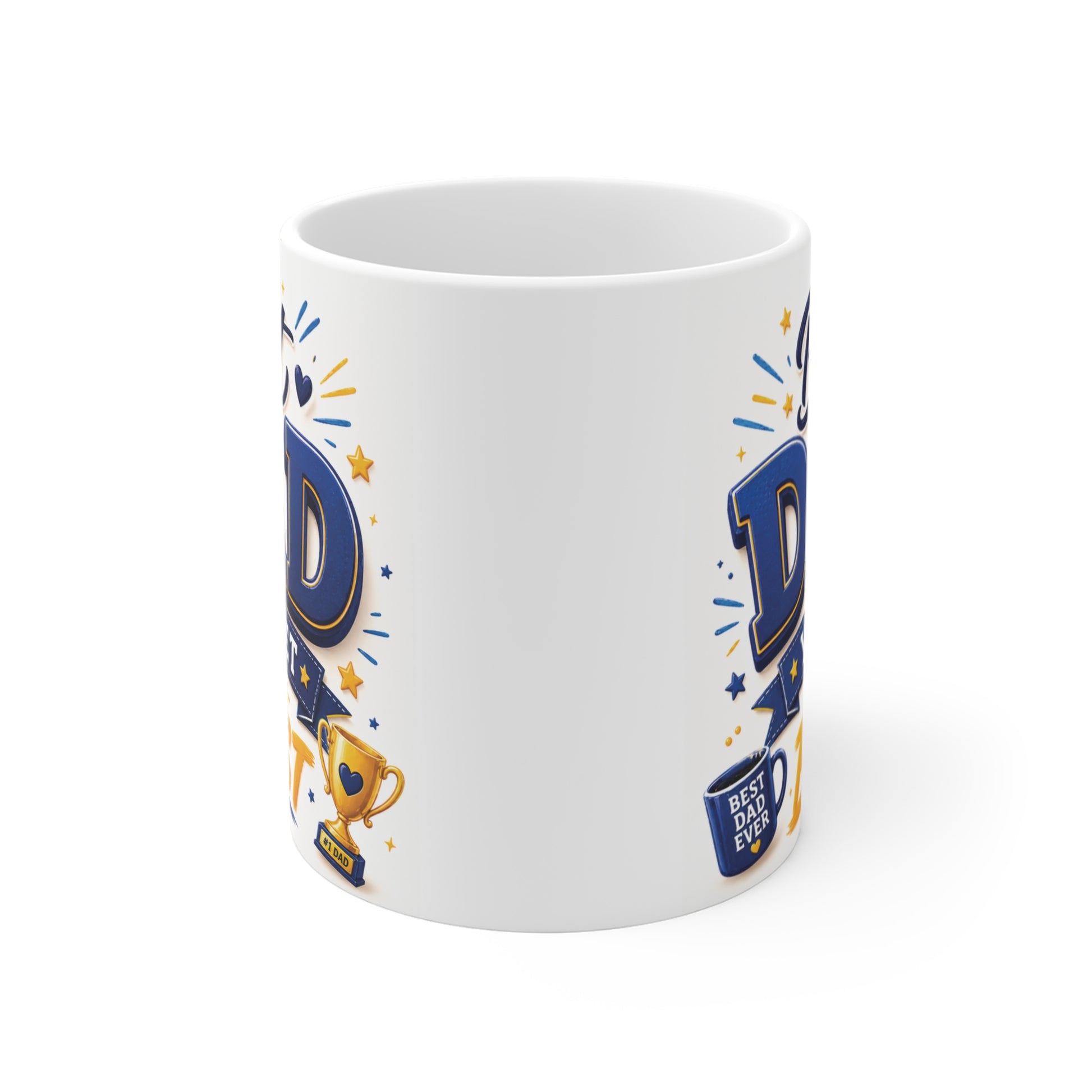 white ceramic Best Dad mug with bold typography and trophy graphic, gift for dad birthday or Father’s Day