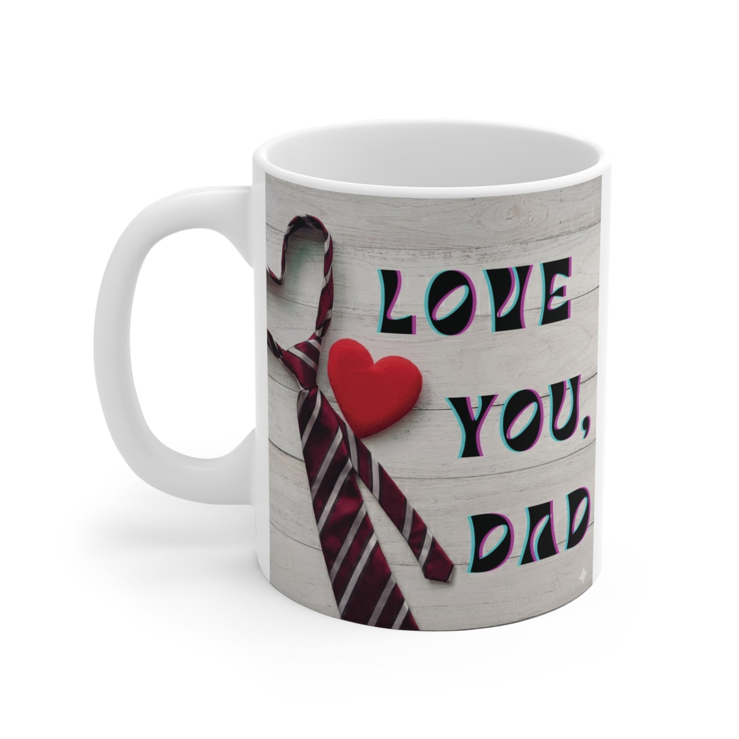 Cute dad coffee mug with Love You Dad text, heart and tie artwork, ideal birthday gift for father