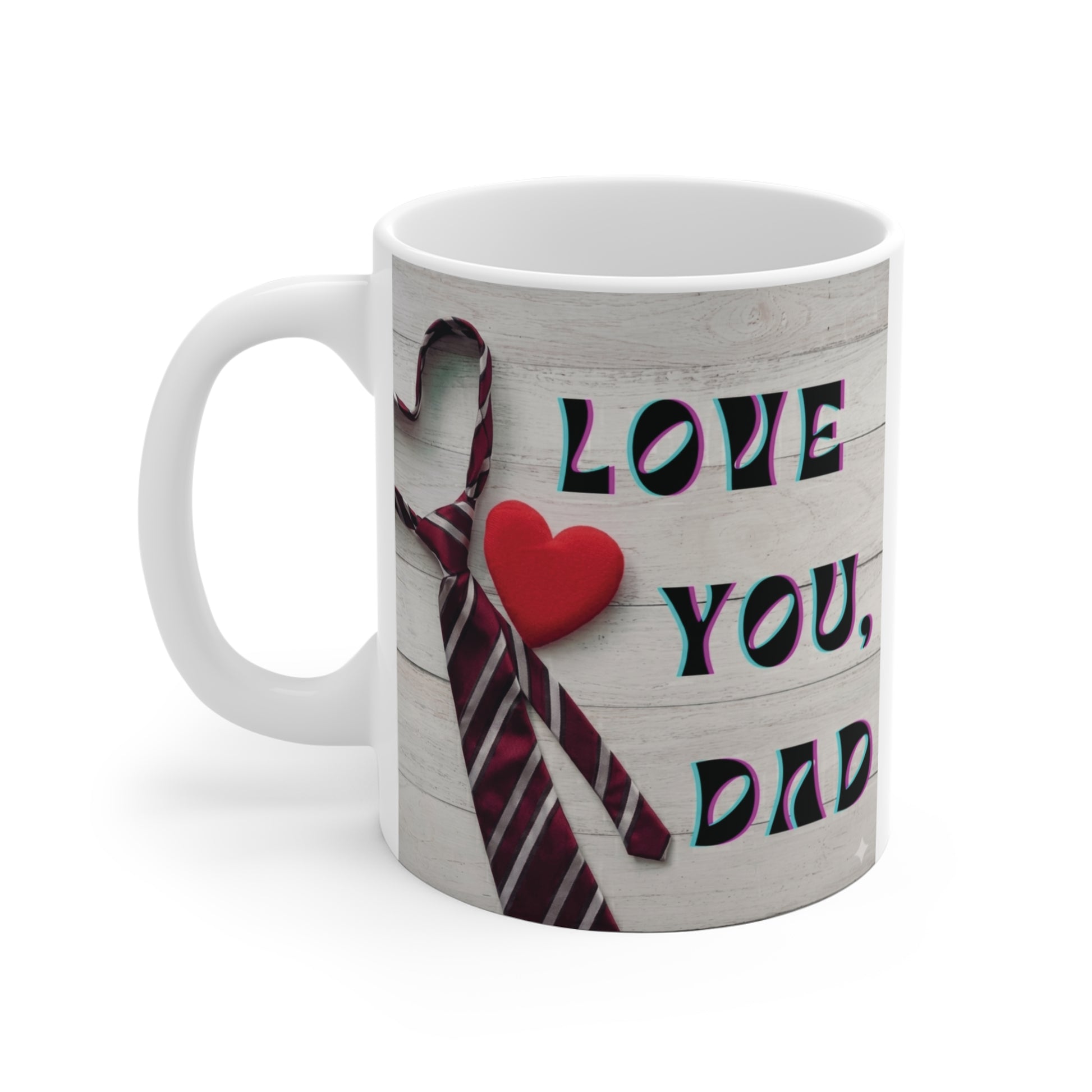 Cute dad coffee mug with Love You Dad text, heart and tie artwork, ideal birthday gift for father