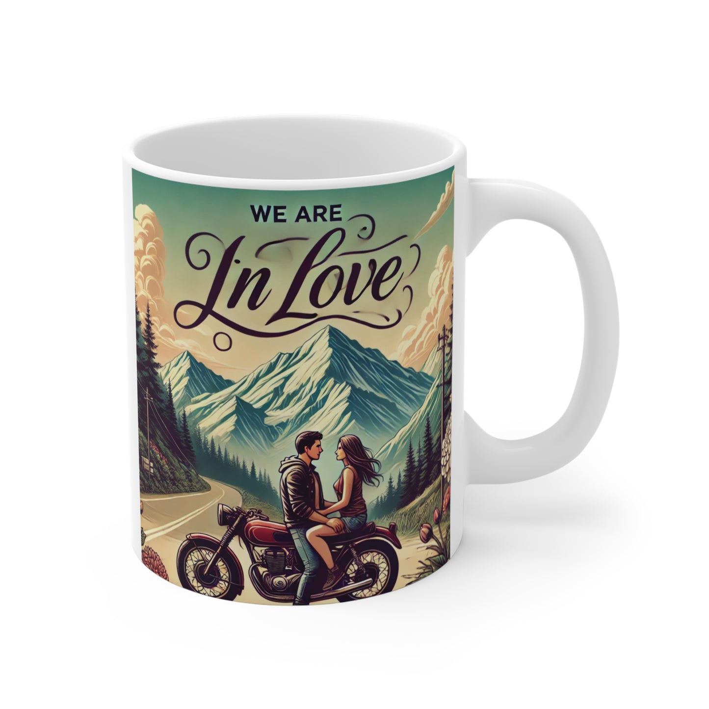 Love-themed coffee mug featuring couple on motorbike with scenic mountains and romantic quote design