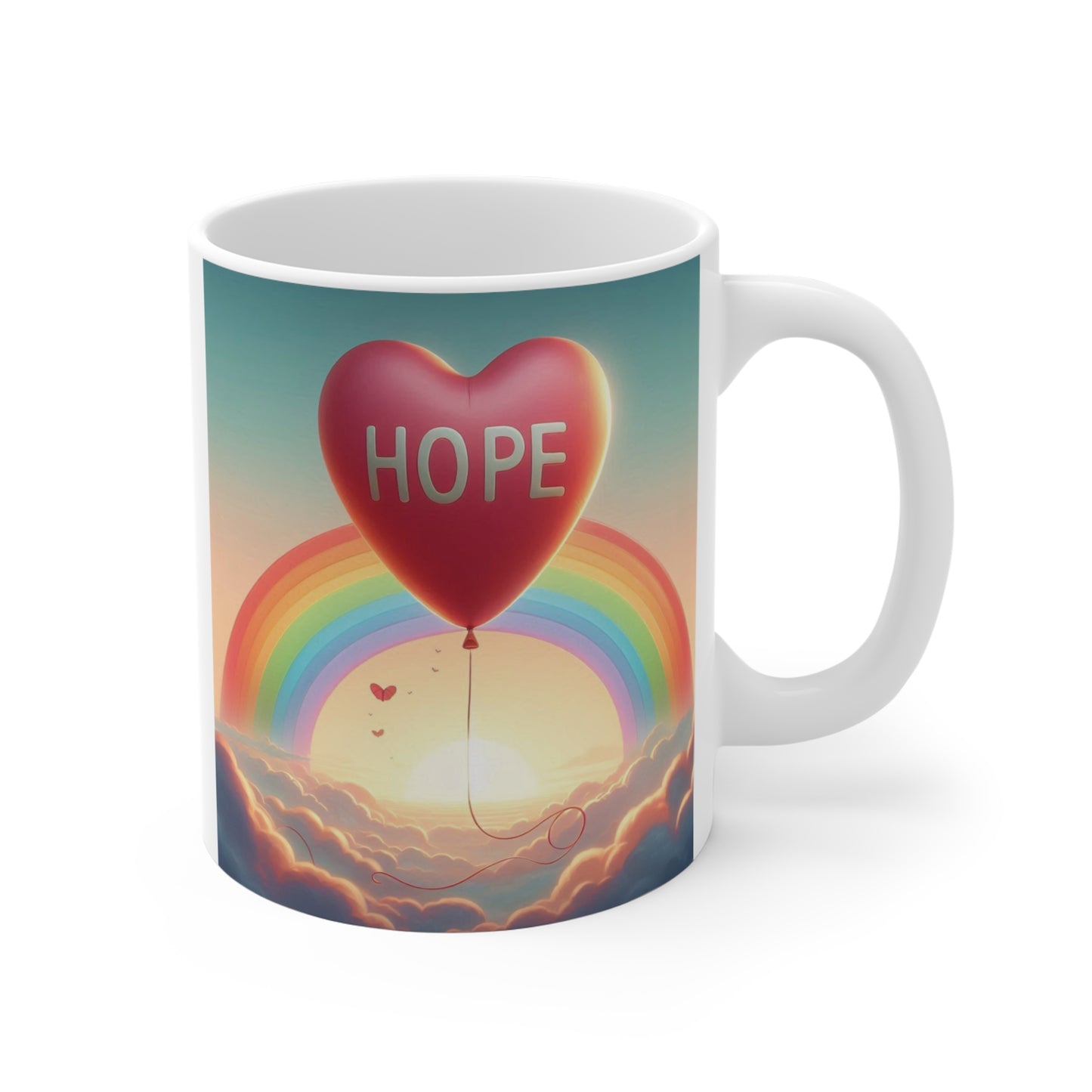 Motivational mug featuring colorful balloons and uplifting message about hope, kindness, and embracing the future