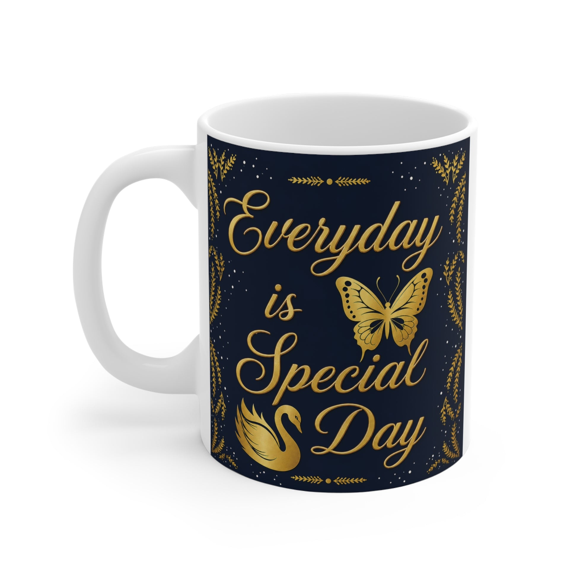 Inspirational quote mug with gold lettering, butterfly and swan illustration on navy background for daily motivation