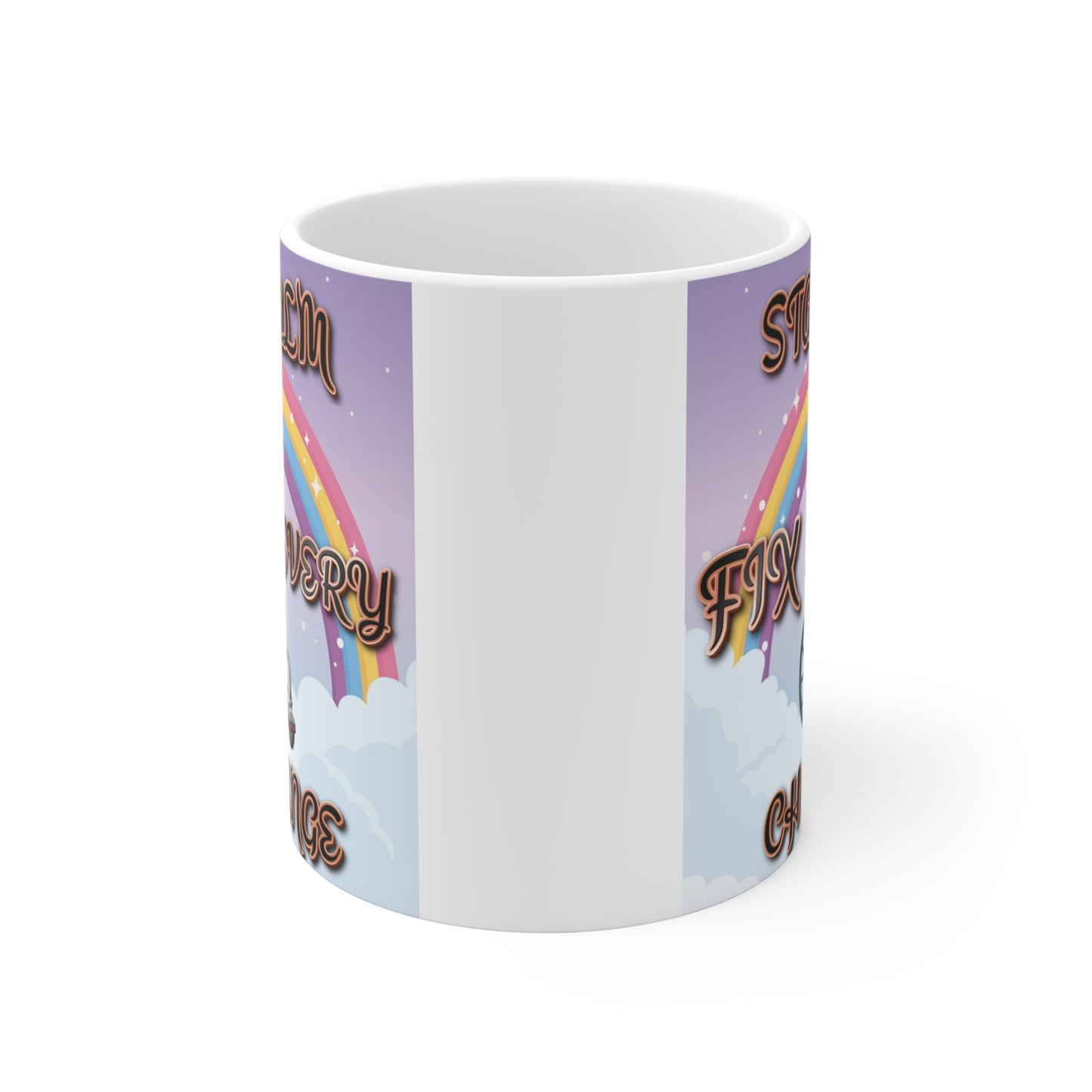 Inspirational mug featuring smiling man in wheelchair with rainbow and text ‘Stay Calm Fix Every Challenge’, positive mindset gift