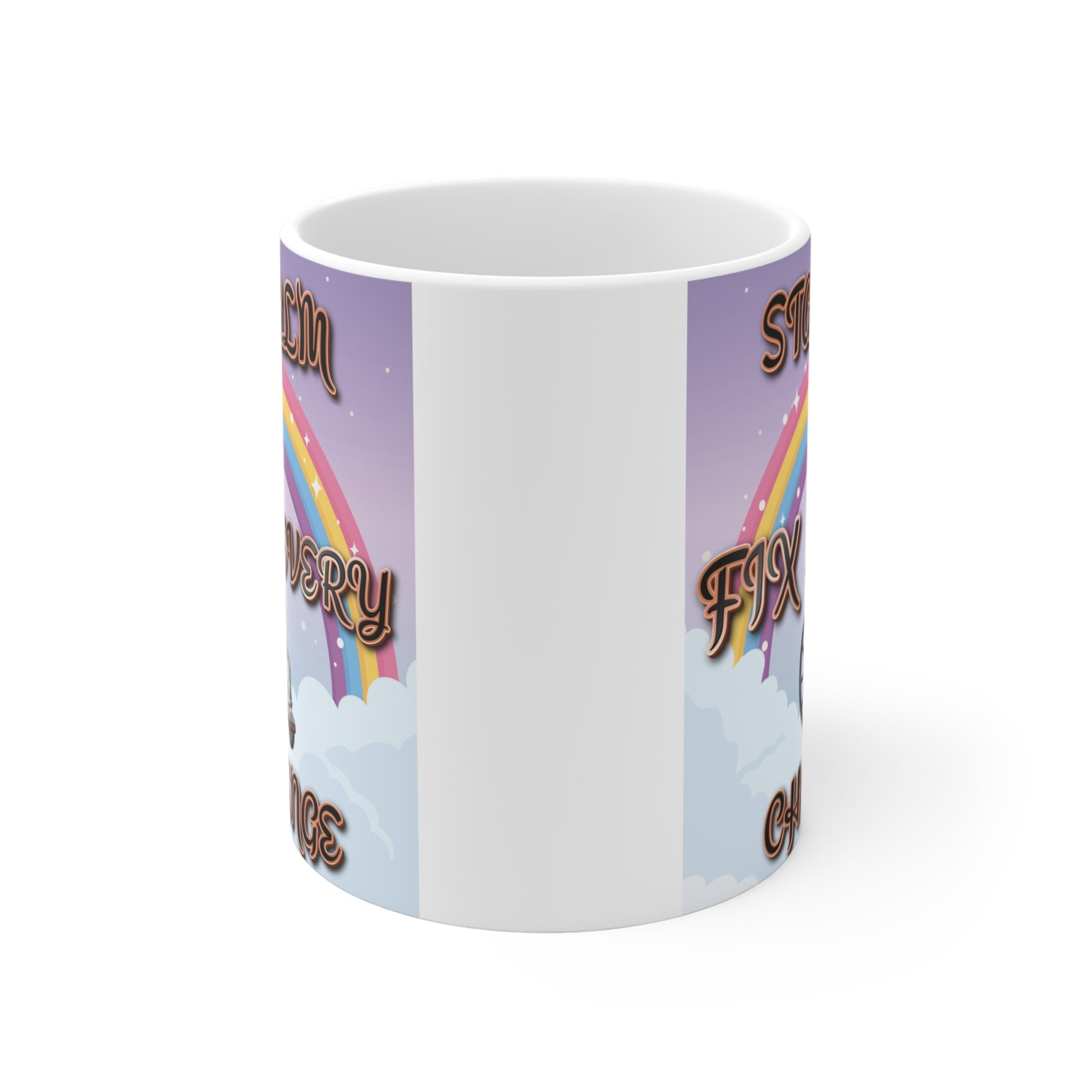 Inspirational mug featuring smiling man in wheelchair with rainbow and text ‘Stay Calm Fix Every Challenge’, positive mindset gift