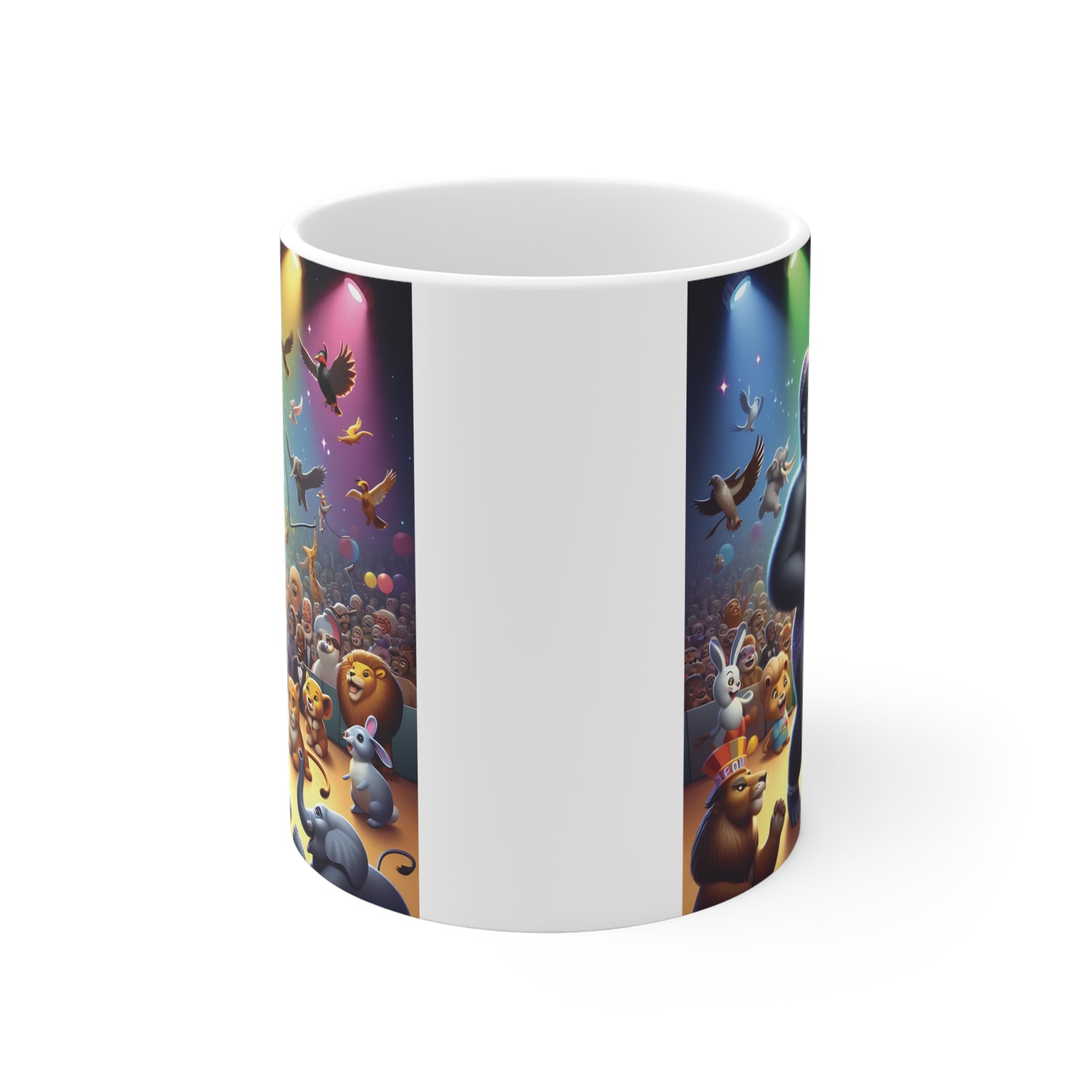 Cute cartoon gorilla in glitter outfit singing under rainbow stage lights with animal audience, printed coffee mug