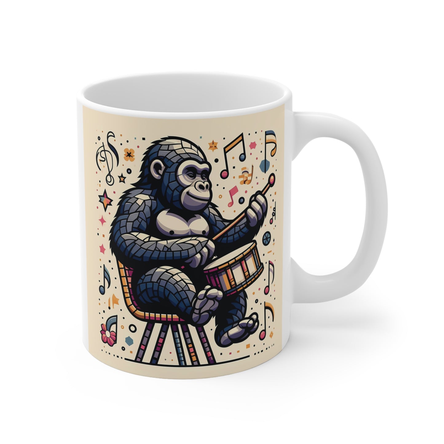 Cute gorilla drummer 11oz coffee mug with colorful musical notes and cartoon jungle animal art