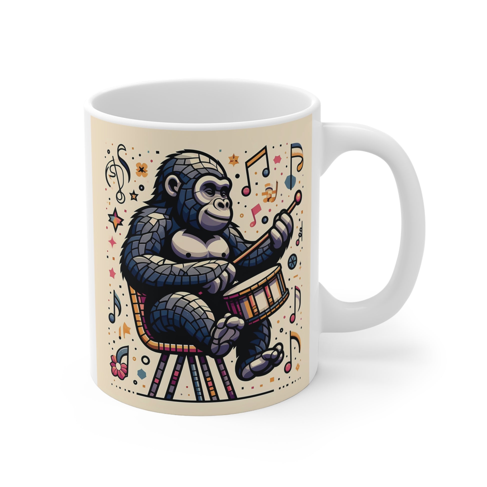 Cute gorilla drummer 11oz coffee mug with colorful musical notes and cartoon jungle animal art