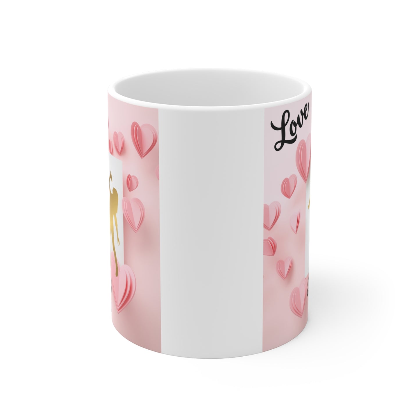 Valentine music lover mug with gold singing silhouettes and heart pattern, romantic gift idea for couples