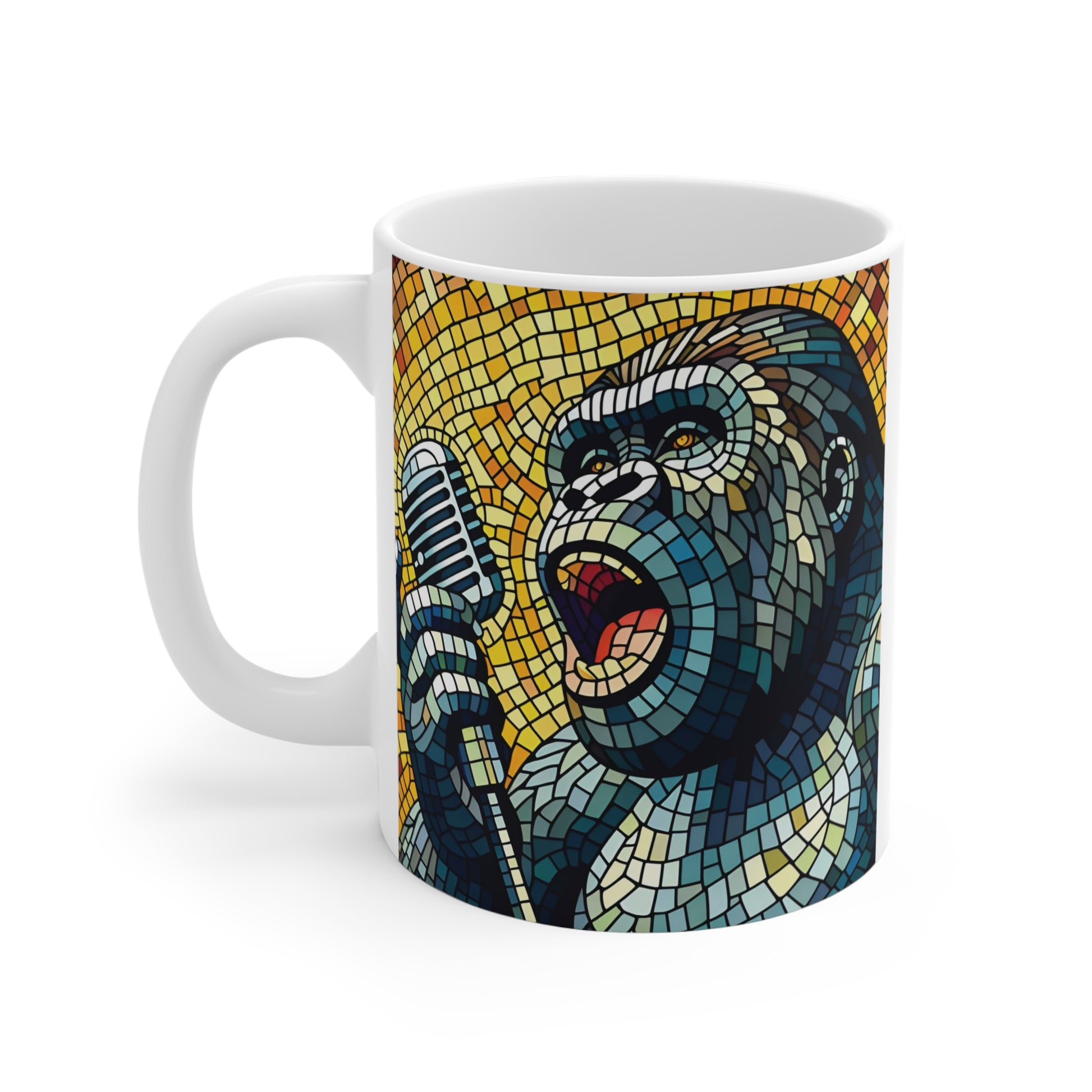 Stained glass gorilla microphone mug with bold colorful mosaic art of a gorilla vocalist performing, creative animal themed 11oz ceramic mug.

