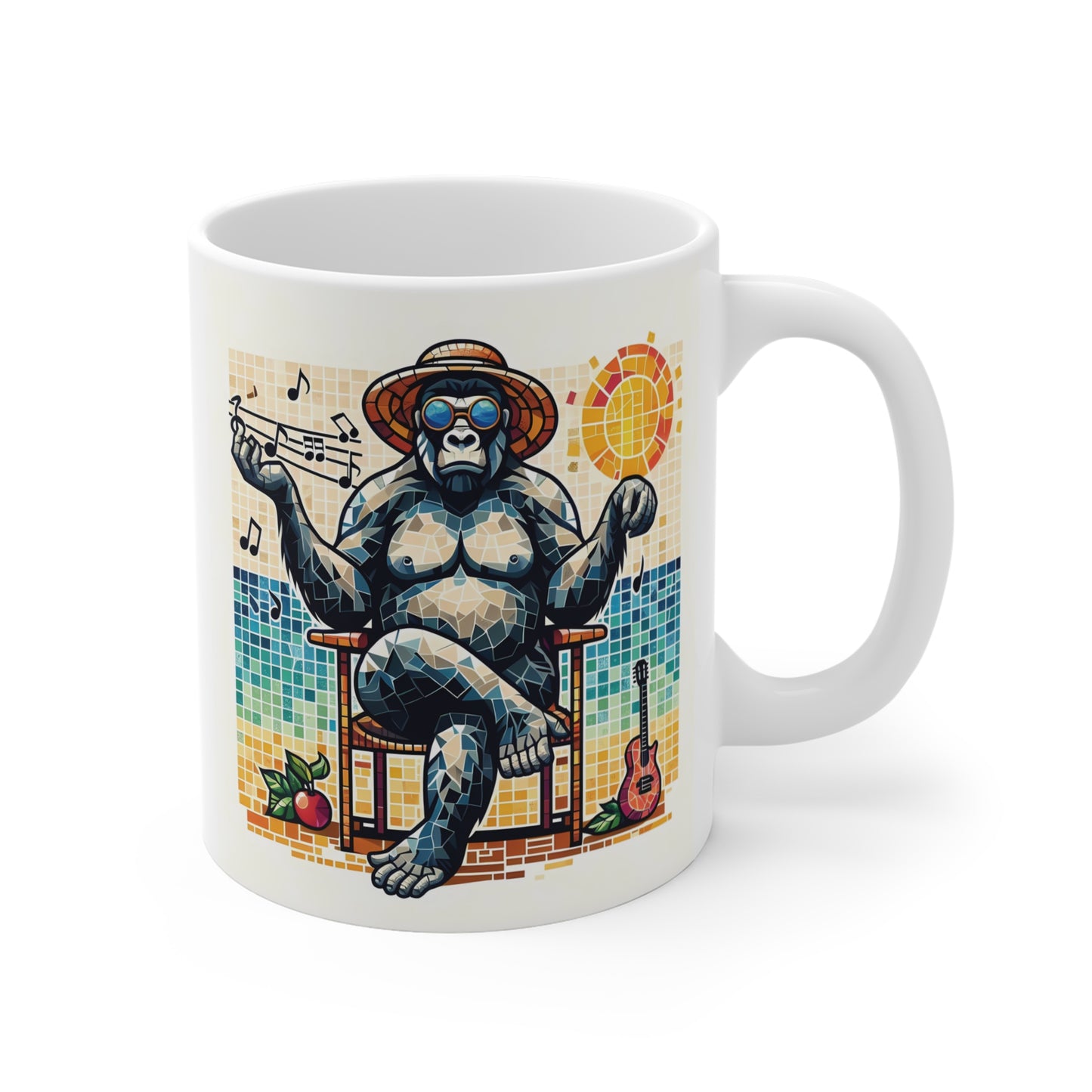 Funny gorilla relaxing in chair with sunglasses and hat, listening to music under sunny tropical mosaic background on white coffee mug