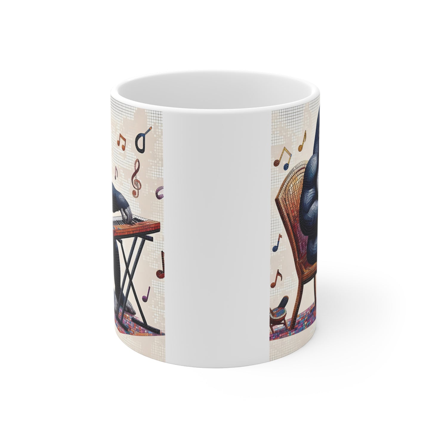 Musical gorilla coffee mug featuring keyboard piano artwork, mosaic tile design, and creative animal musician illustration