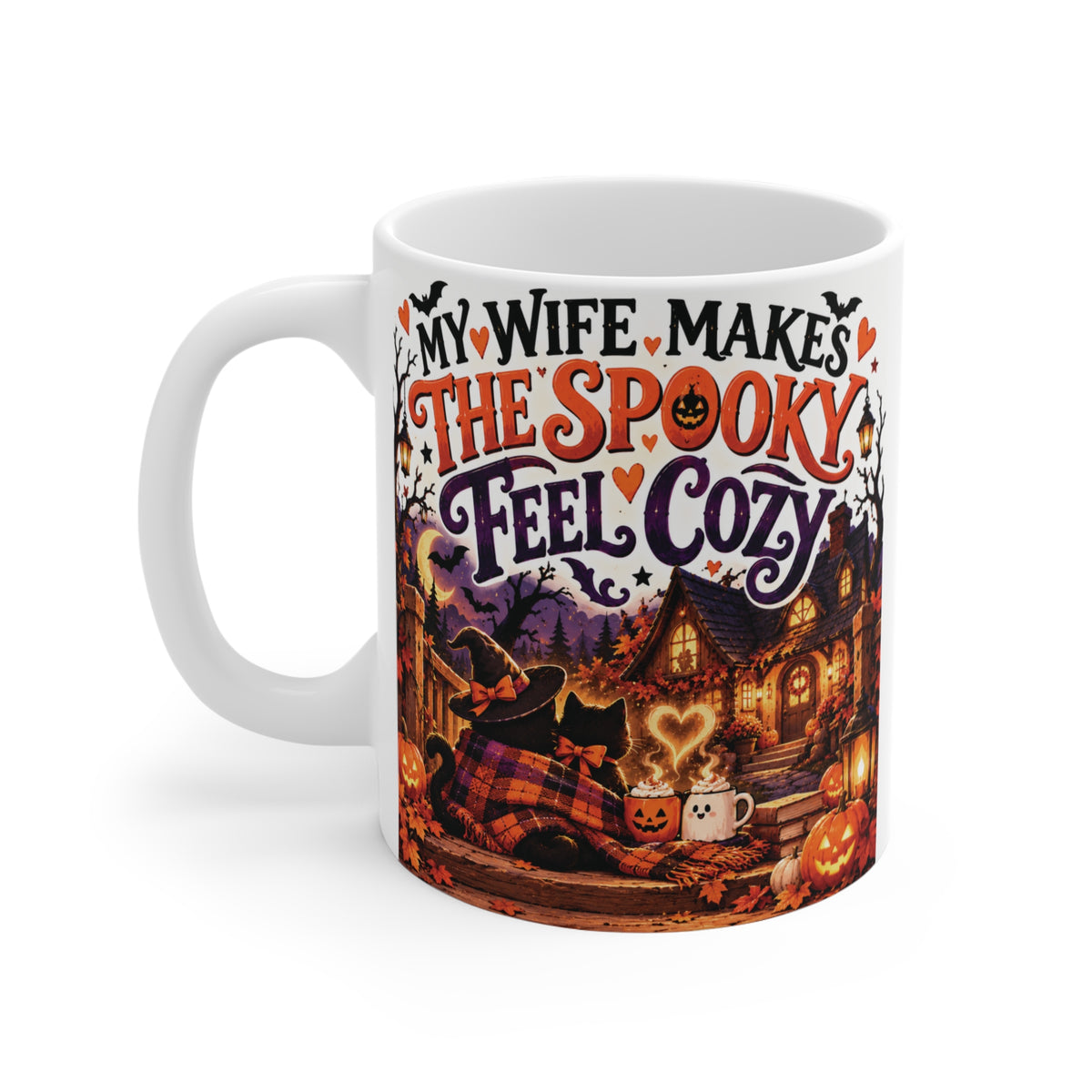 11oz Halloween coffee mug for wife with pumpkins, bats, cozy autumn cottage and spooky season design