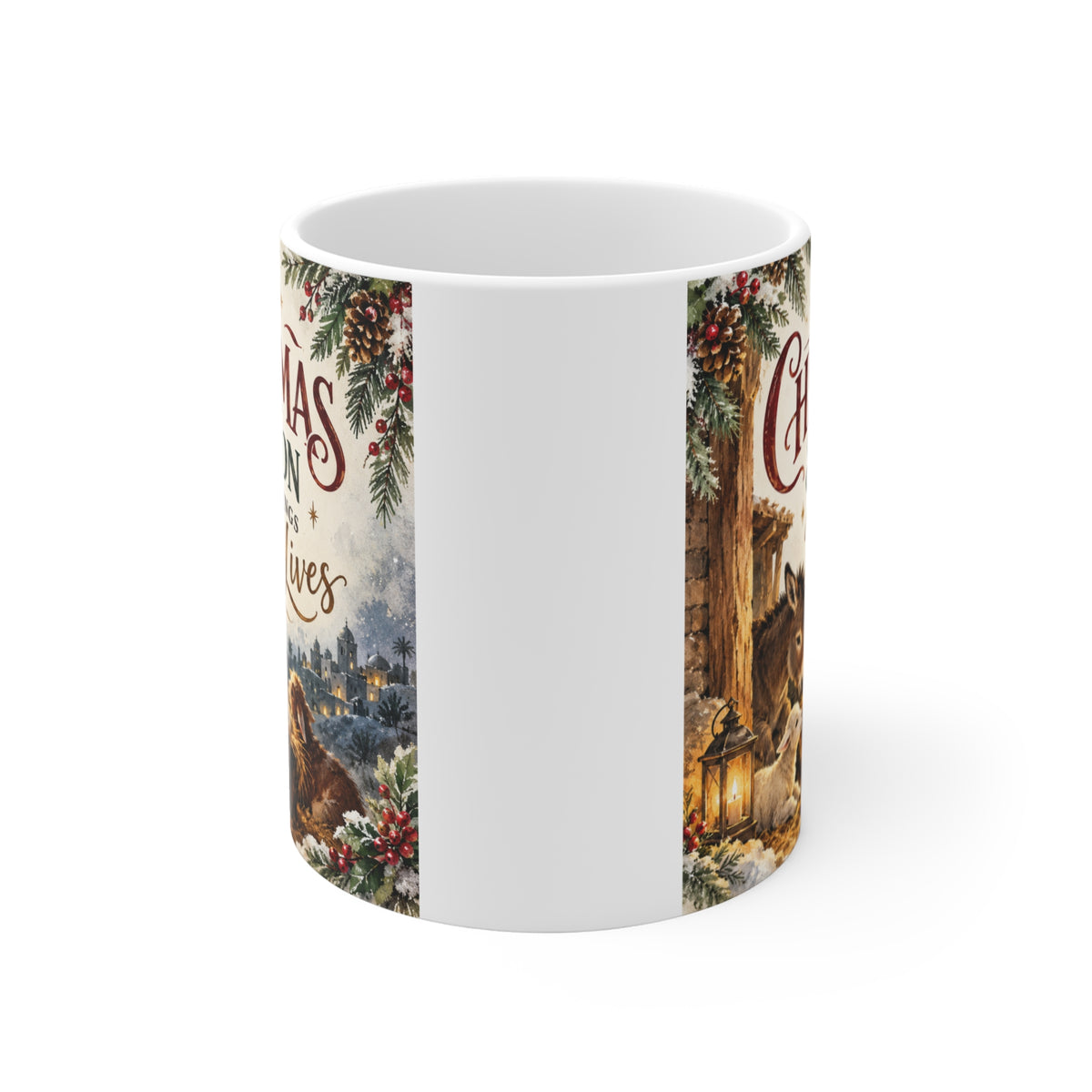 Nativity Christmas coffee mug with baby Jesus, Bethlehem star, animals and festive greenery, Christian holiday gift
