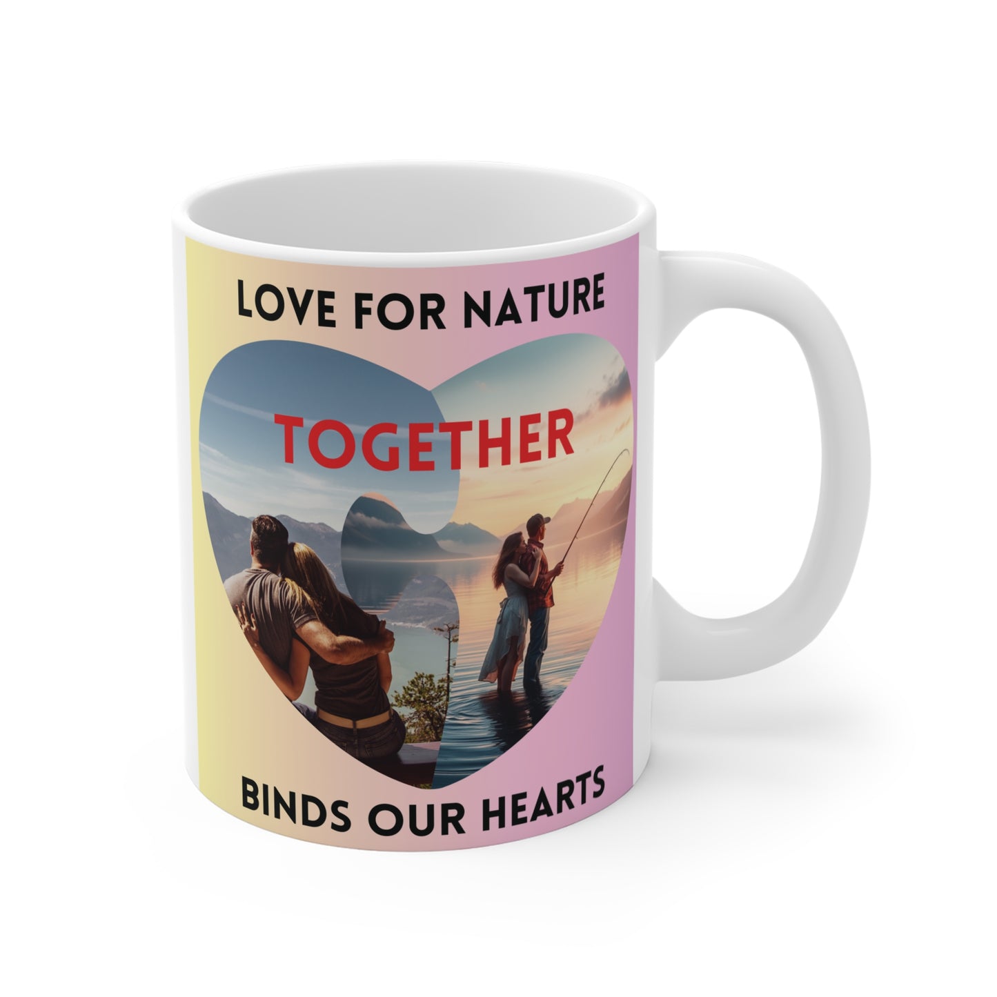 Love for nature mug with couple and fishing scene, heart design, romantic outdoor themed gift