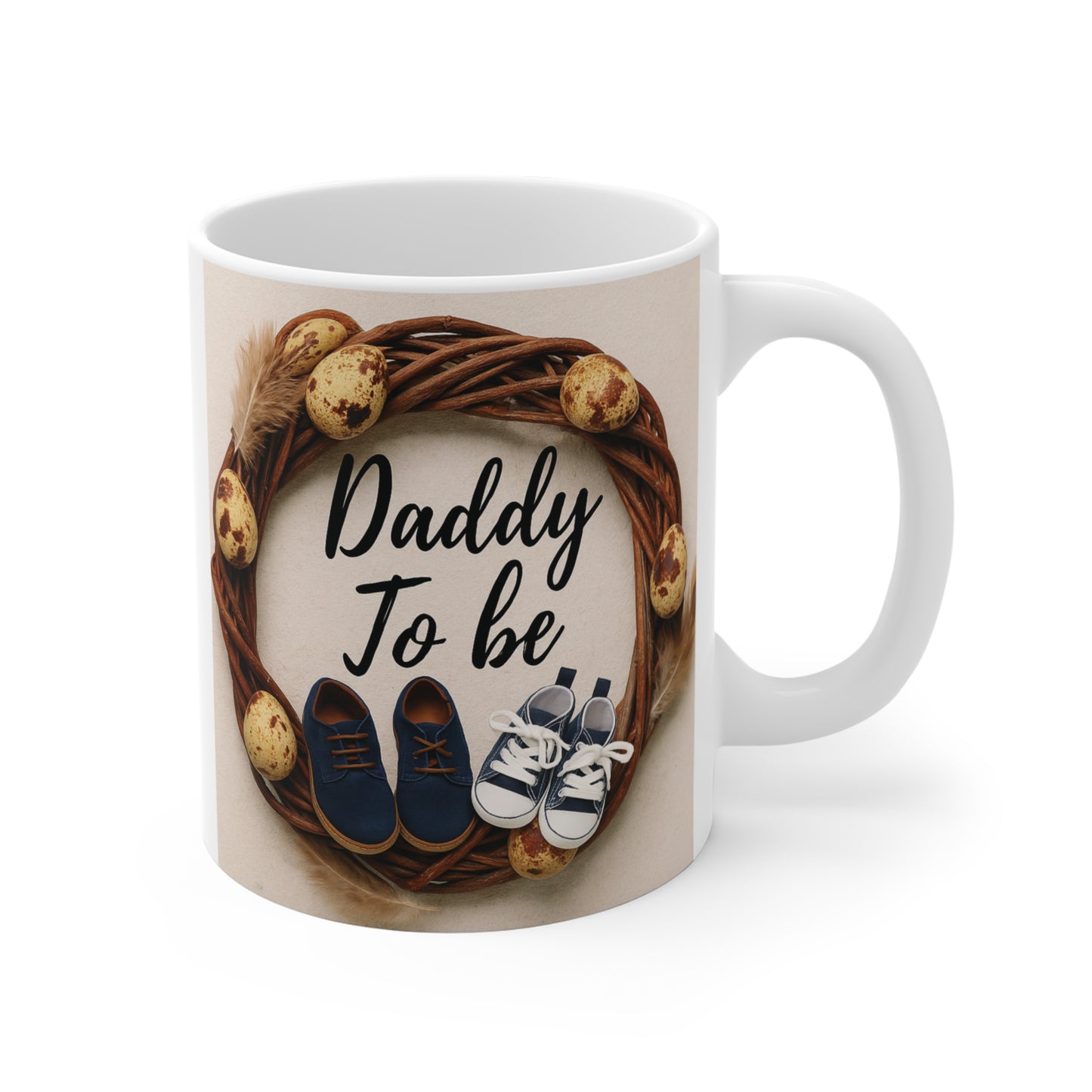 Daddy To Be 11oz ceramic mug with rustic wreath and baby shoes design