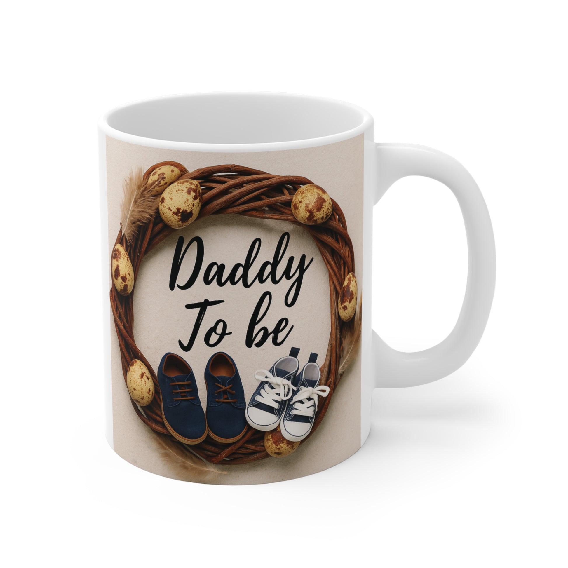 Daddy To Be 11oz ceramic mug with rustic wreath and baby shoes design