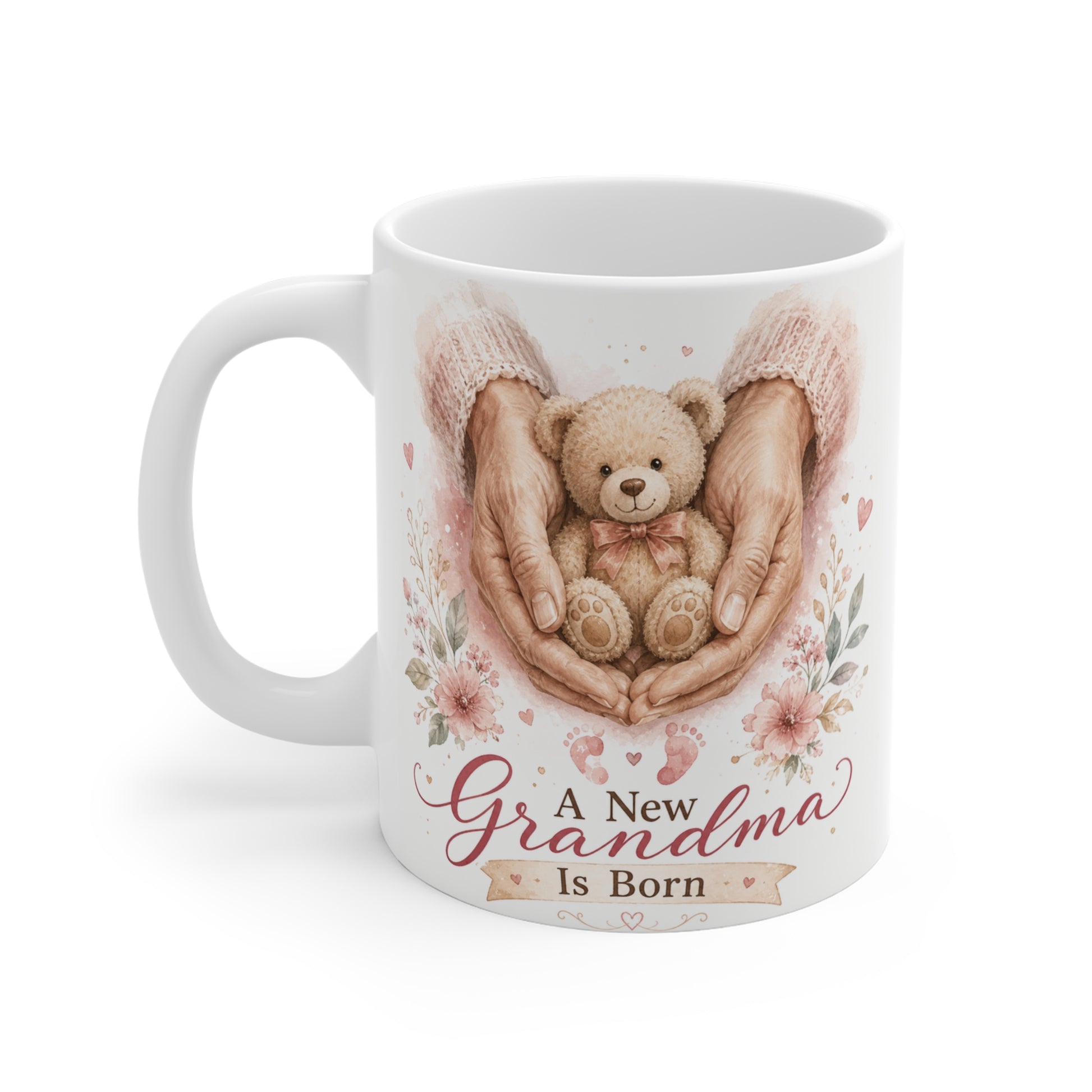 First-time grandma coffee mug with "A New Grandma Is Born" design, perfect for pregnancy announcements and baby reveal gifts.