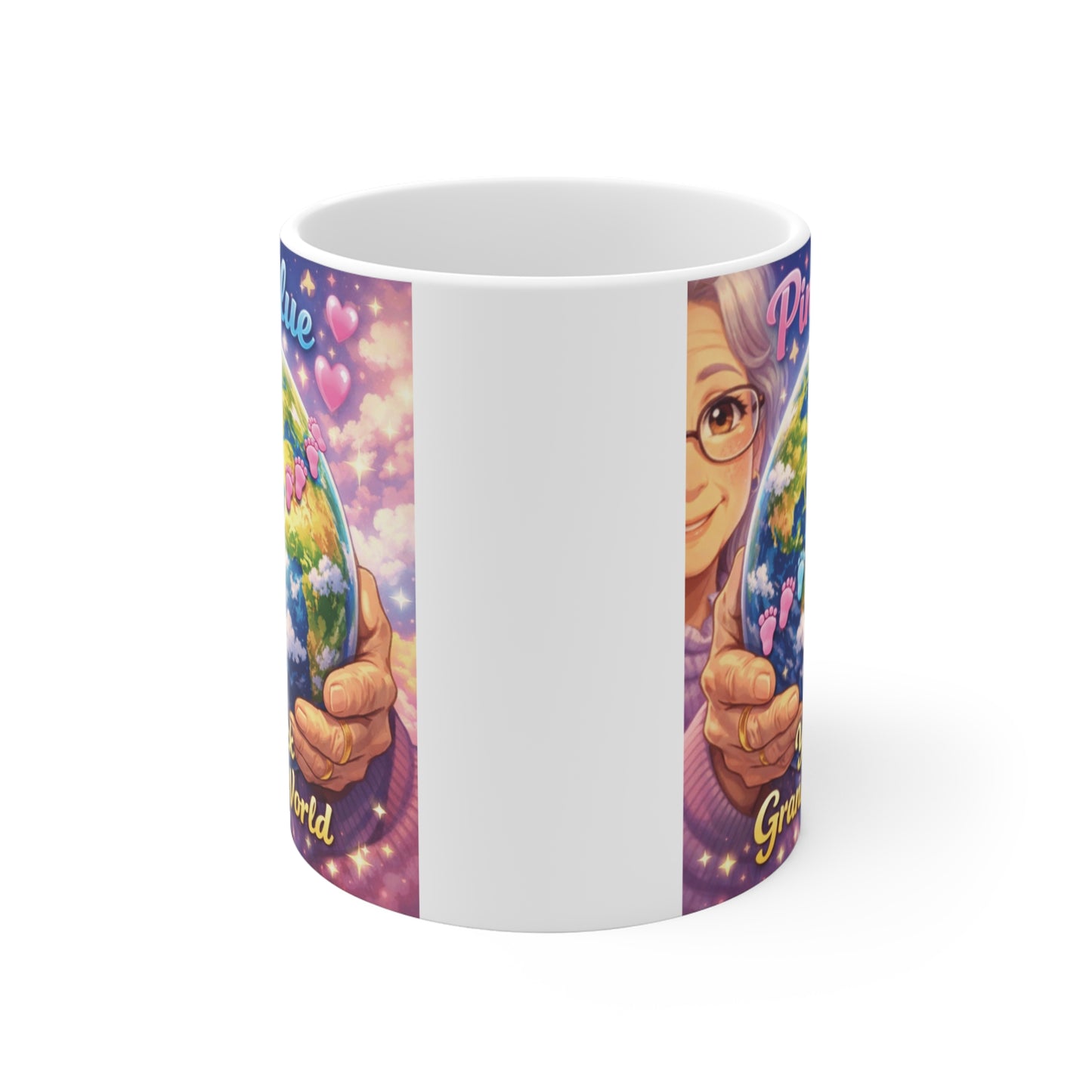Watercolor globe gender reveal coffee mug featuring baby footprints and Grandma gift design.
