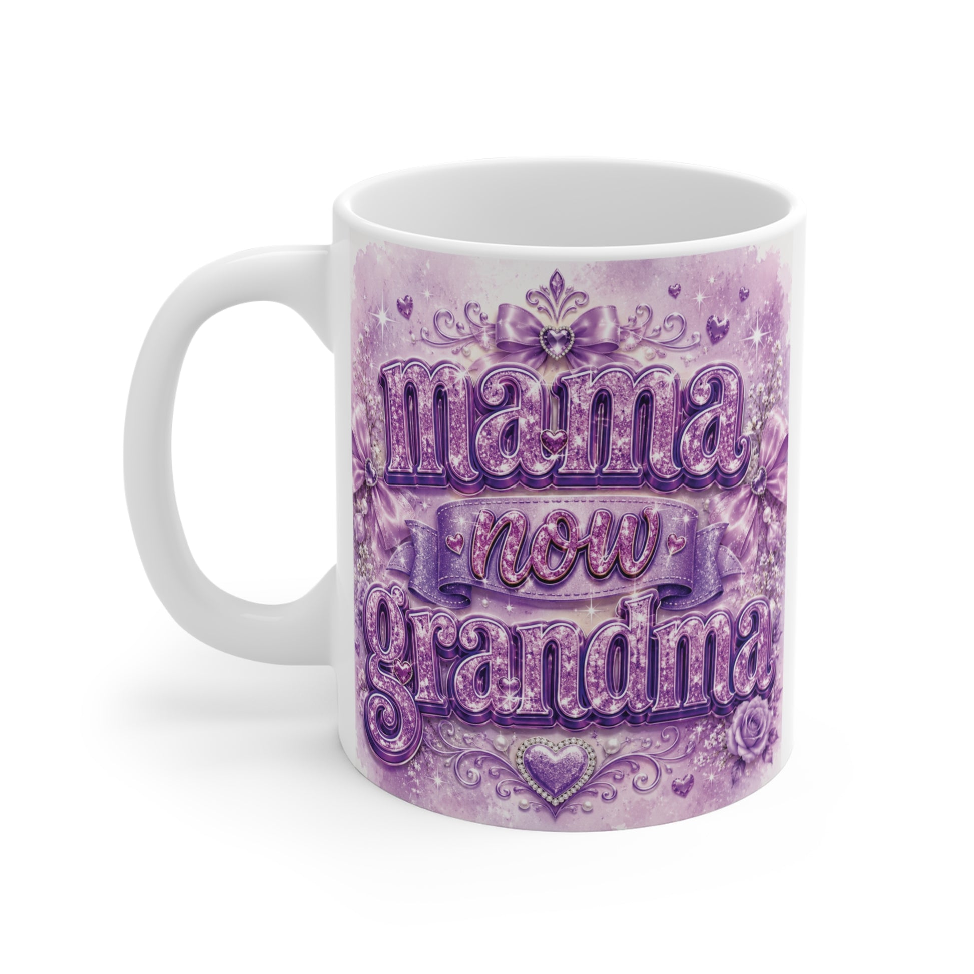 Vintage style Grandma coffee mug with purple floral design and Mama Now Grandma quote