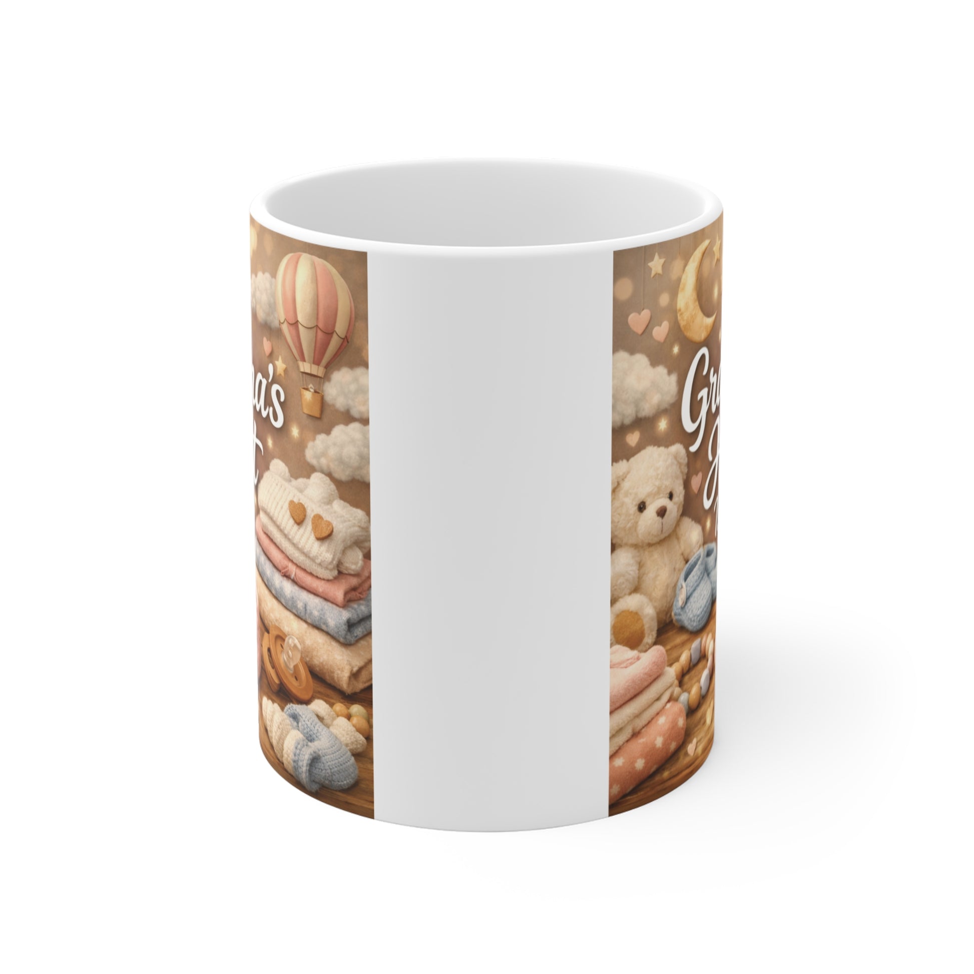 Cute Grandma's Heart Is Ready mug with baby-themed watercolor artwork, perfect for new grandma baby reveal gifts.